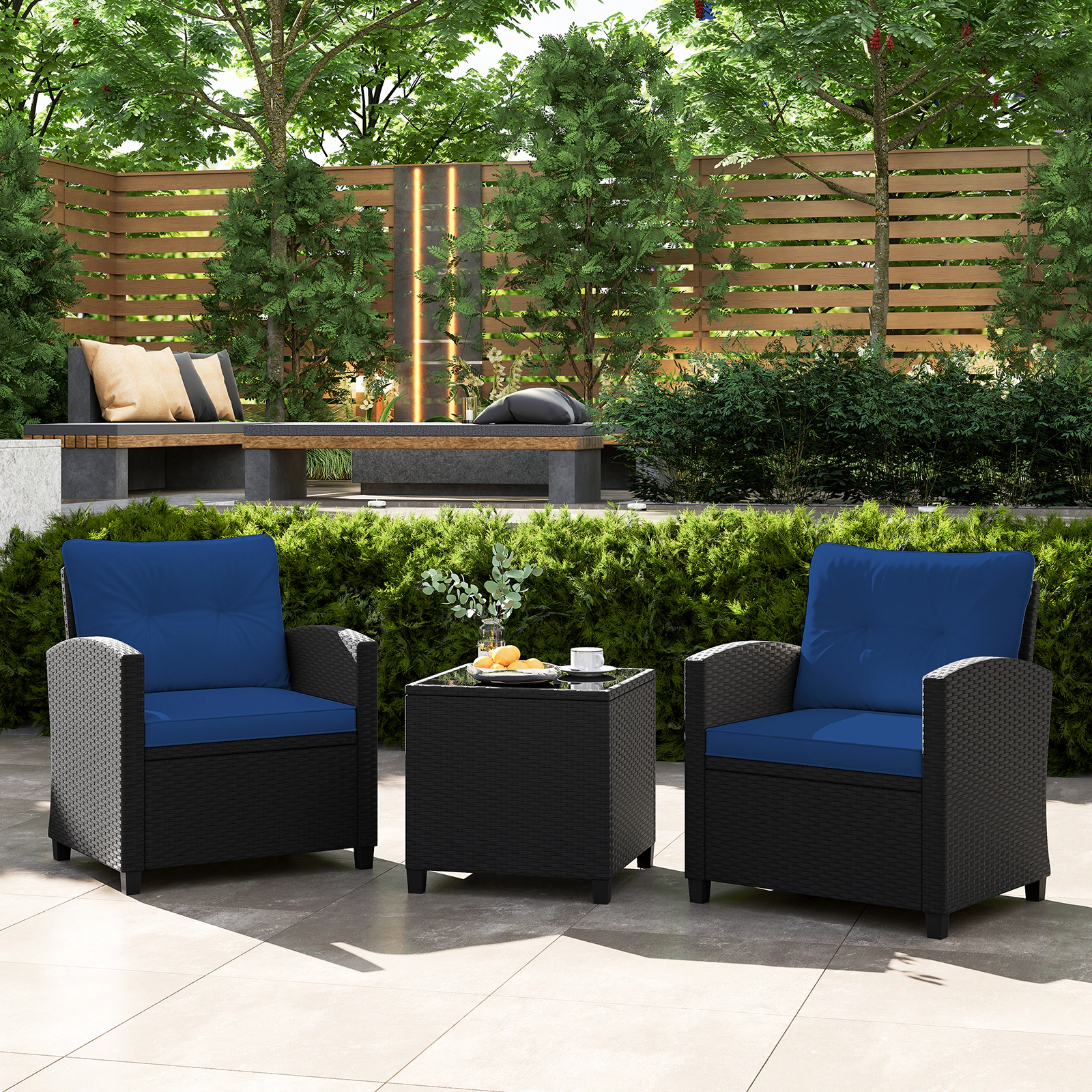 SUGIFT Tempered Glass Table and Cushions 3-Piece Patio Rattan Chair Set