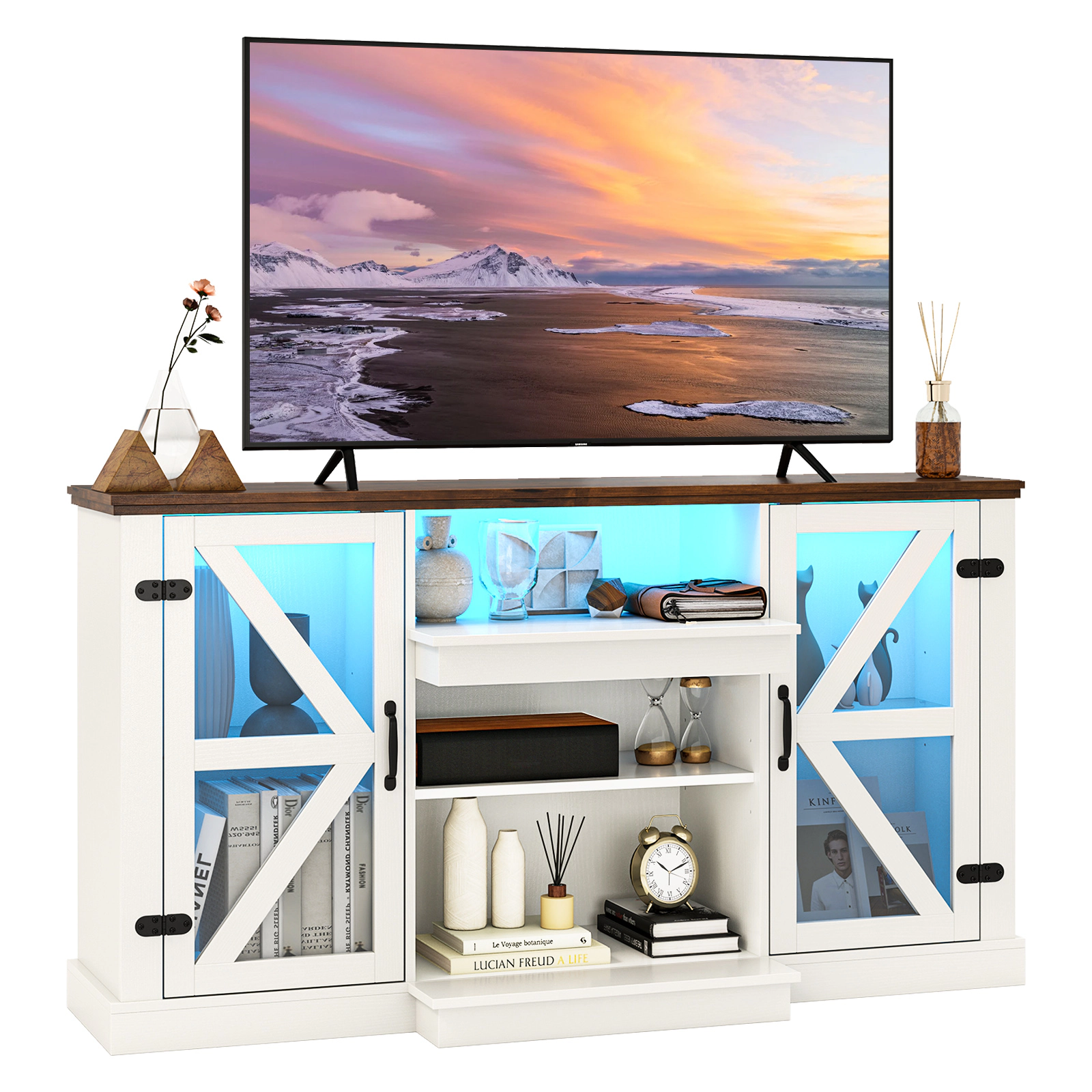 Glintex 59-Inch LED Media Console with Tempered Glass Doors and Remote, White