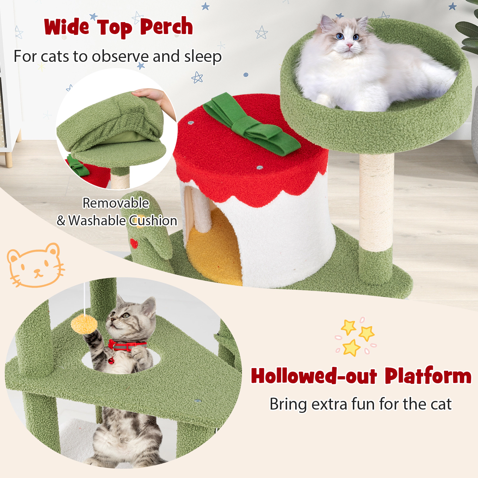 SUGIFT 61-in Christmas Cat Tree with Sisal Scratching Posts, 2 Condos and Basket Bed Green, Red, Yellow, White