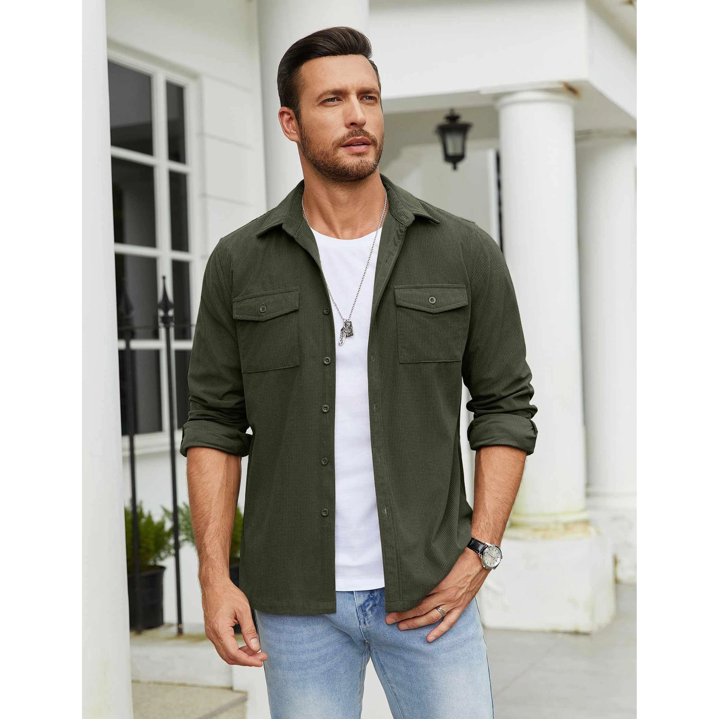 COOFANDY Men's Regular Fit Long Sleeve Collar Neck Button Front Shirt