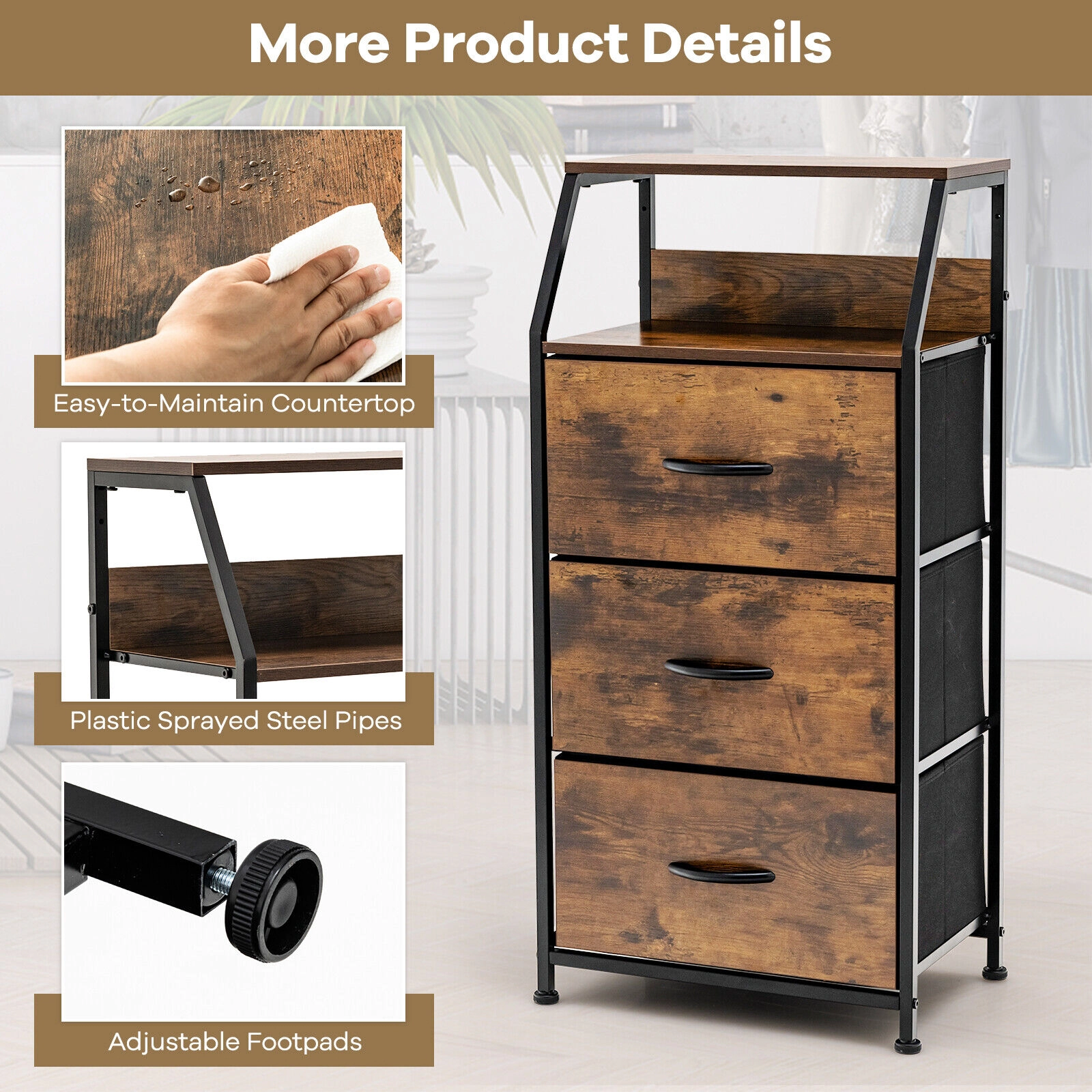 Glintex 36-Inch Narrow Dresser with Top Shelf and Folding Fabric Drawers, Rustic Brown