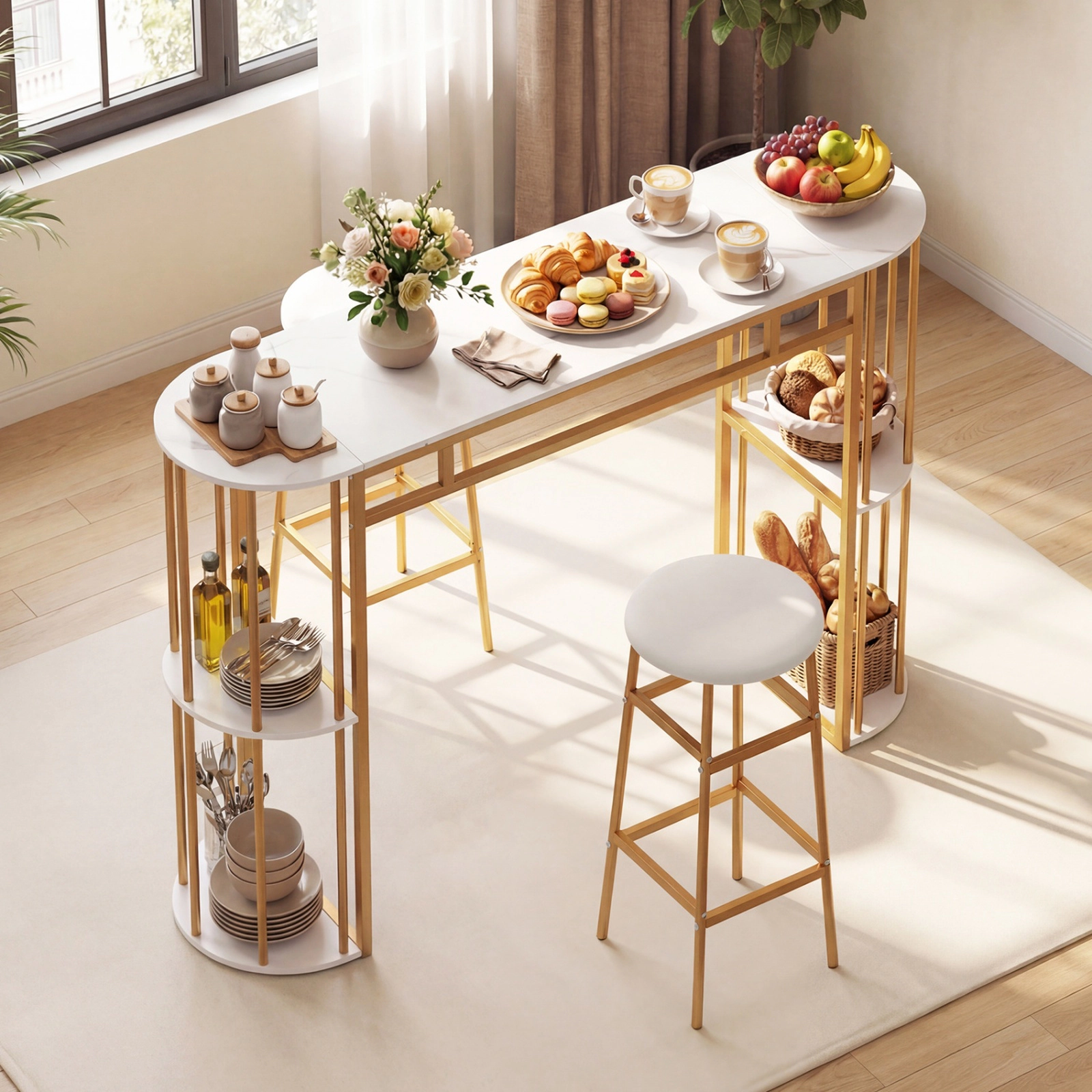 SUGIFT 3 Piece Bar Table Set White 60 in Faux Marble Table with 2 Upholstered Barstools