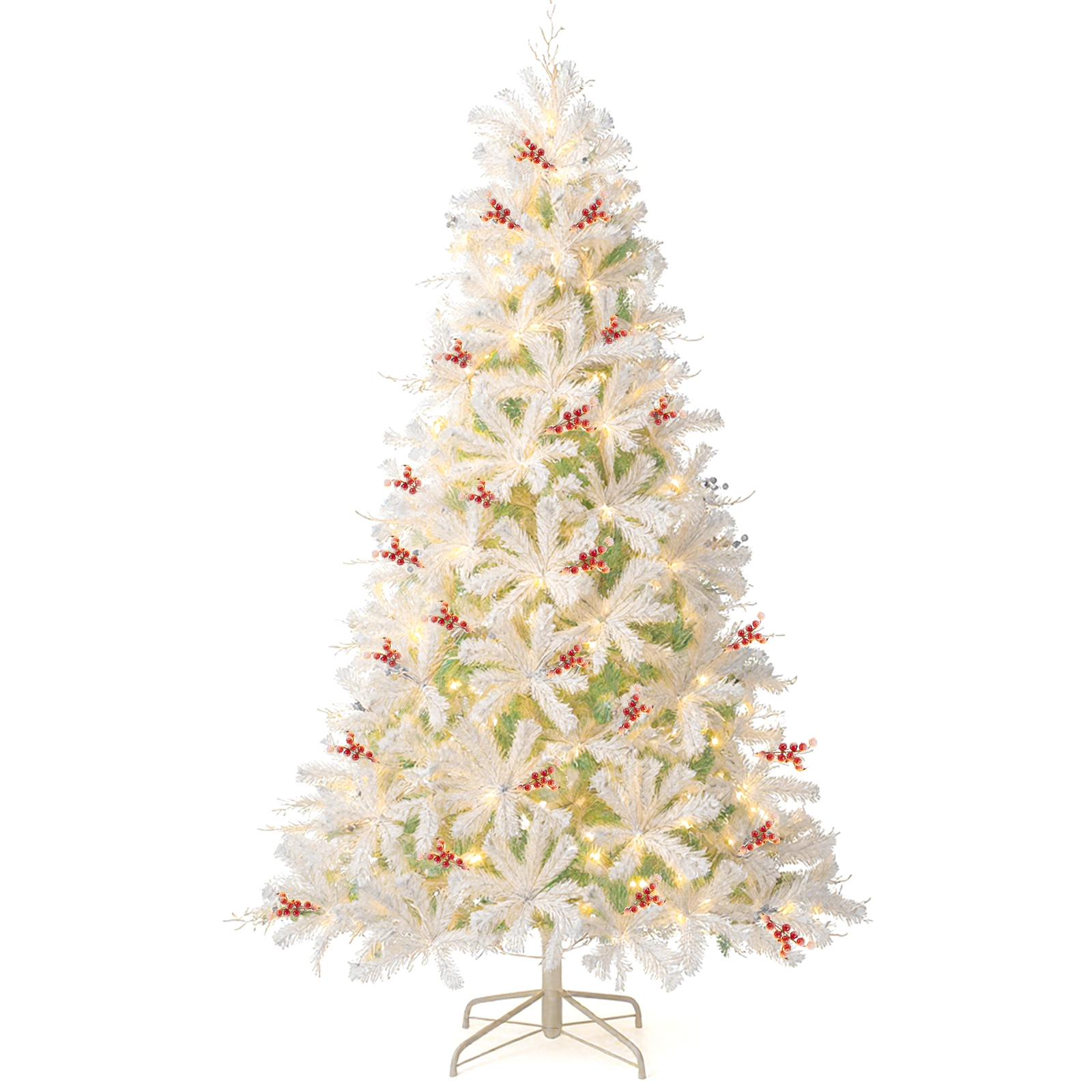 SUGIFT 7 ft Pre-Lit Snow Flocked Christmas Tree White with 350 LED Lights and 41 Red Berry Clusters