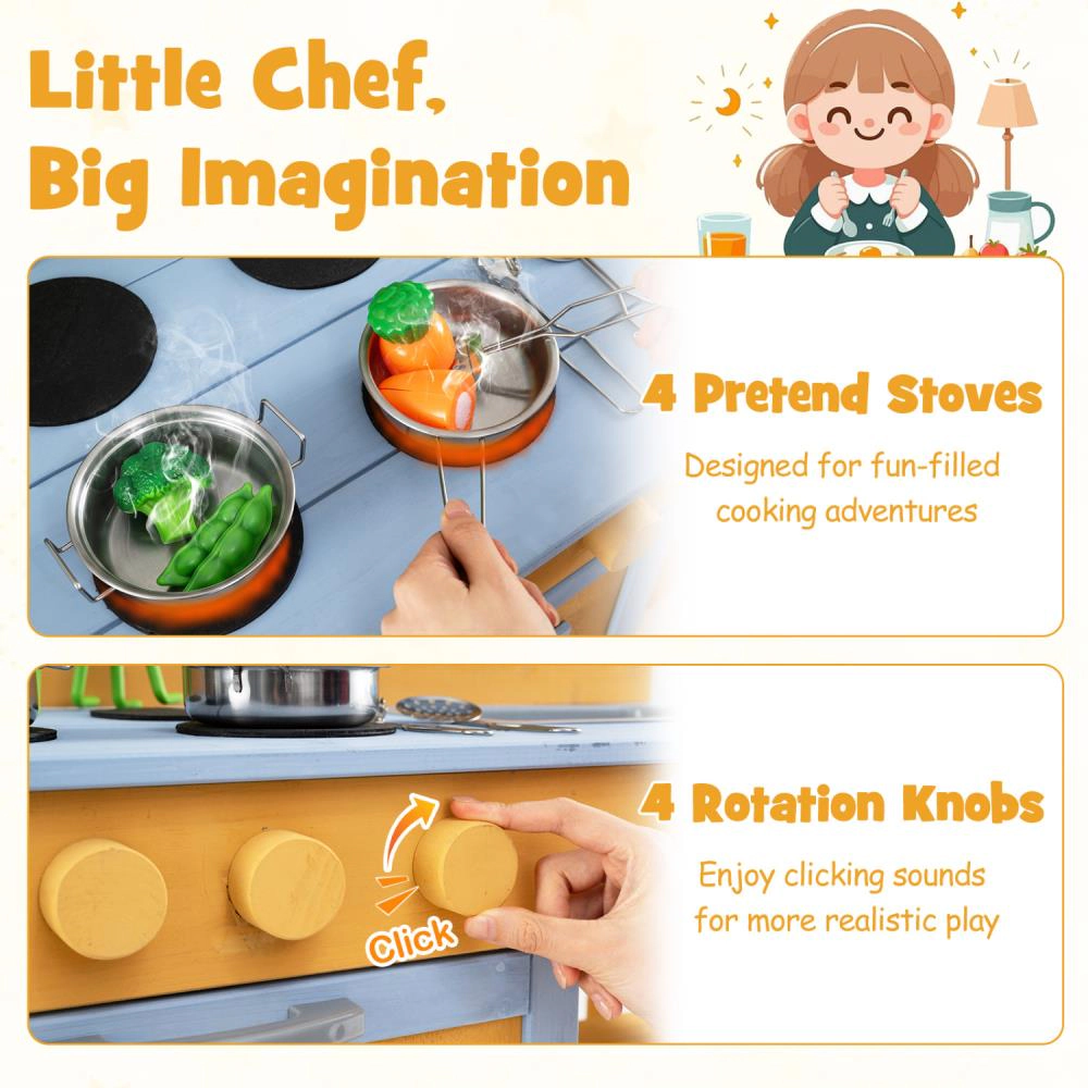Hivvago Kids Wooden Mud Kitchen with 2 Sinks and 4 Stoves