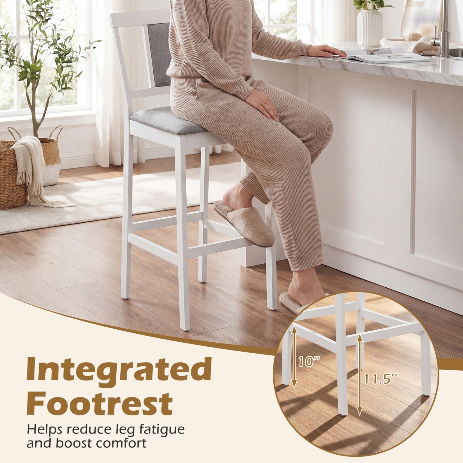 SUGIFT Set of 2 Solid Rubber Wood Frame and Linen Seat 29.5-in Seat H 300-lb Rated Bar Height Stools White