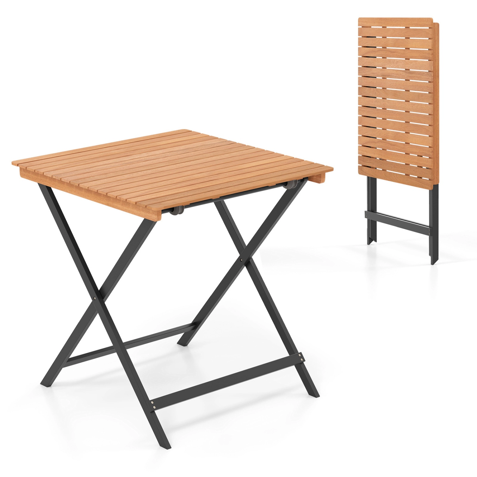 SUGIFT 28-in Patio Folding Square Table with Slatted Tabletop 180-lb Capacity for Backyard Porch Natural + Black