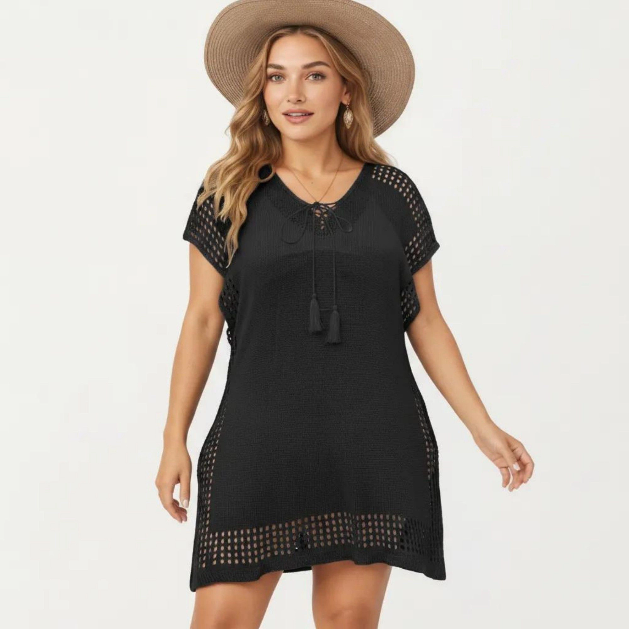 Anna-Kaci Women's Knit Tassel Tie Neck Open Trim Relaxed Short Sleeve Swim Cover Up Dress