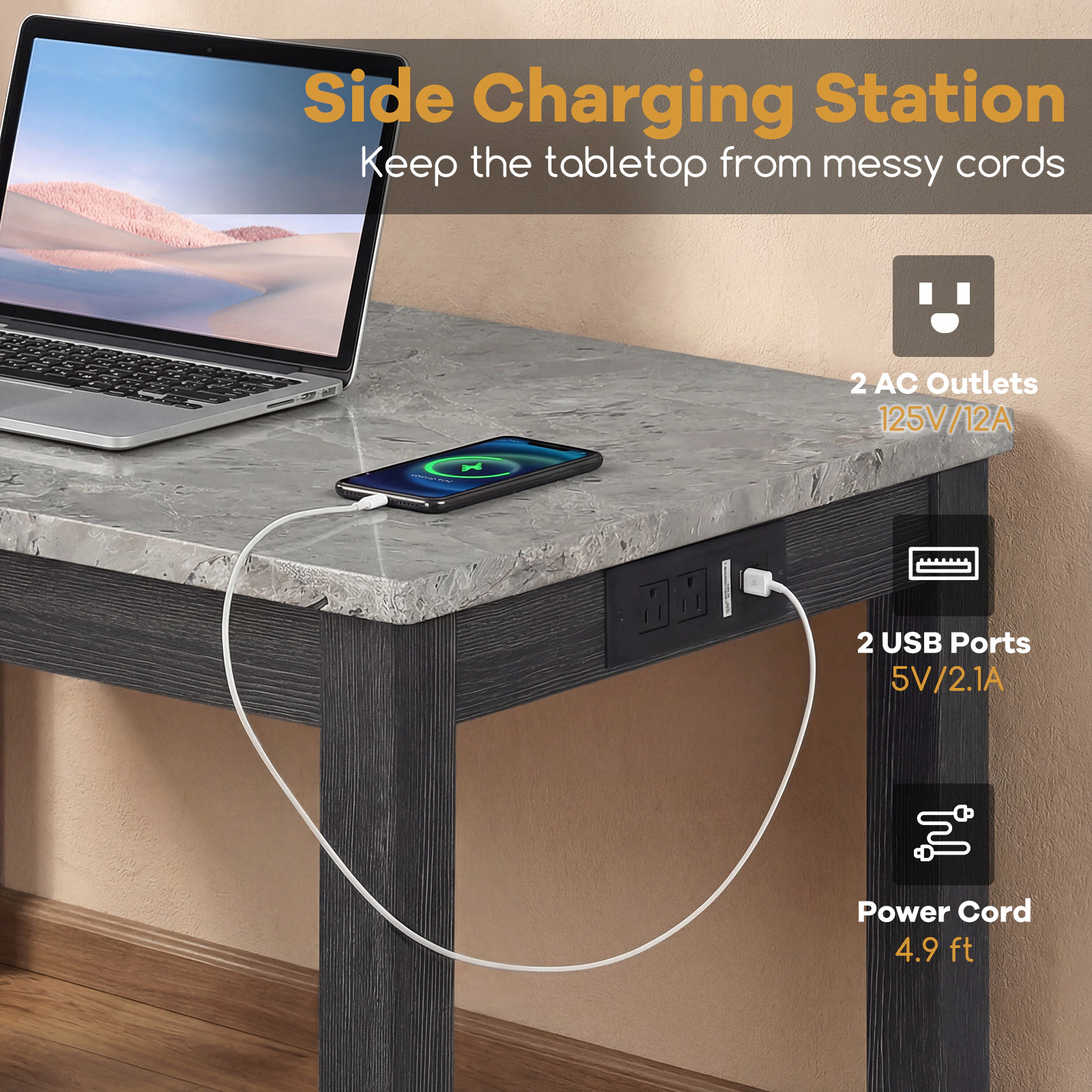 SUGIFT 3-Piece Counter-Height Bar Set with Faux Marble Top, Charging Station and Tufted Stools