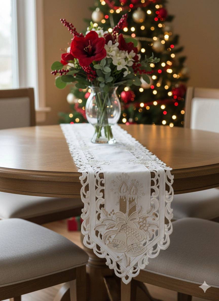 Jiallo Christmas Candle Beige Lace Embroidered Cutwork Rectangular Table Runner, 11 by 64 inch