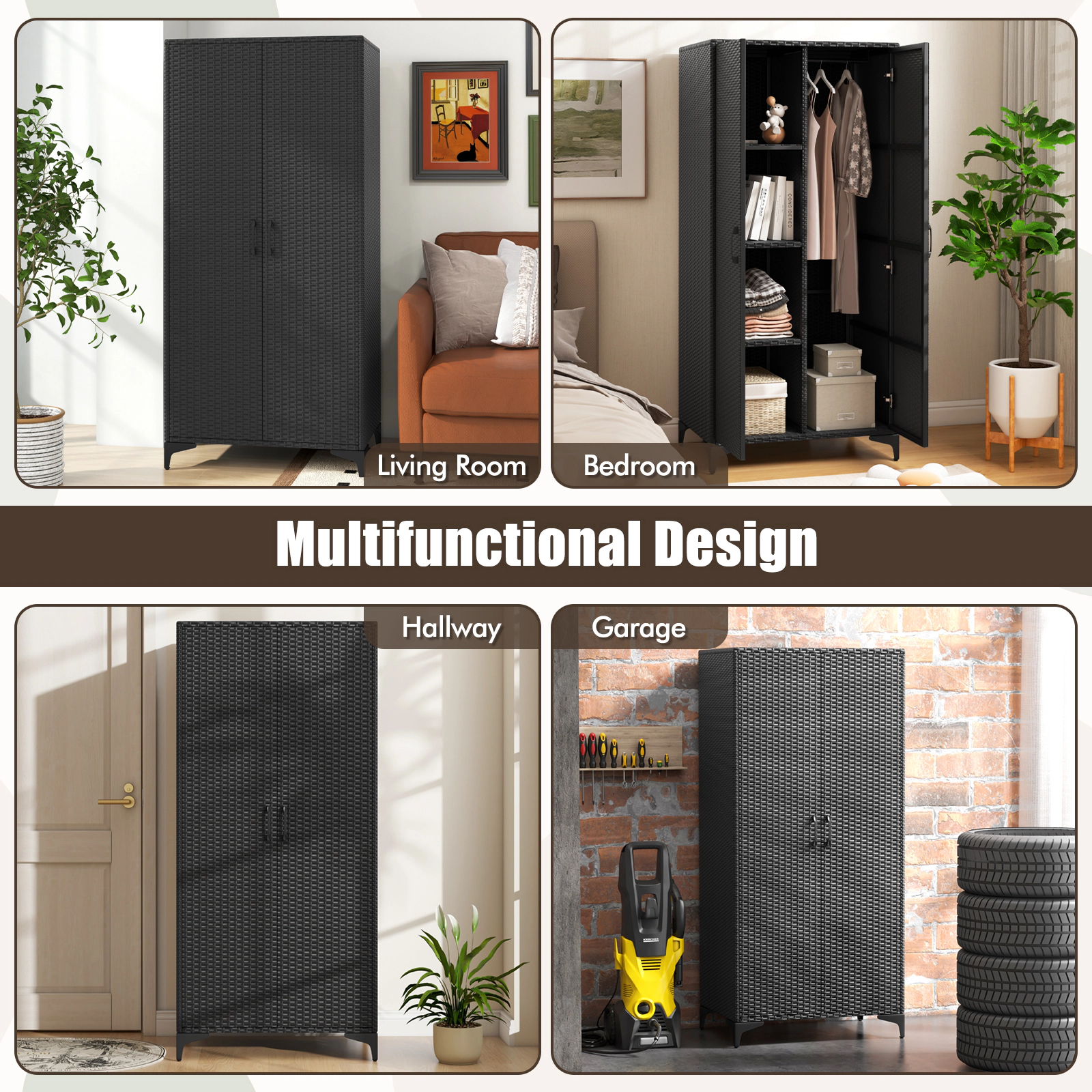 SUGIFT 62-in PE Rattan Wicker Wardrobe Armoire with 2 Doors 165-lb Total Capacity 33-lb Rod and Cubes Black/Mix Brown