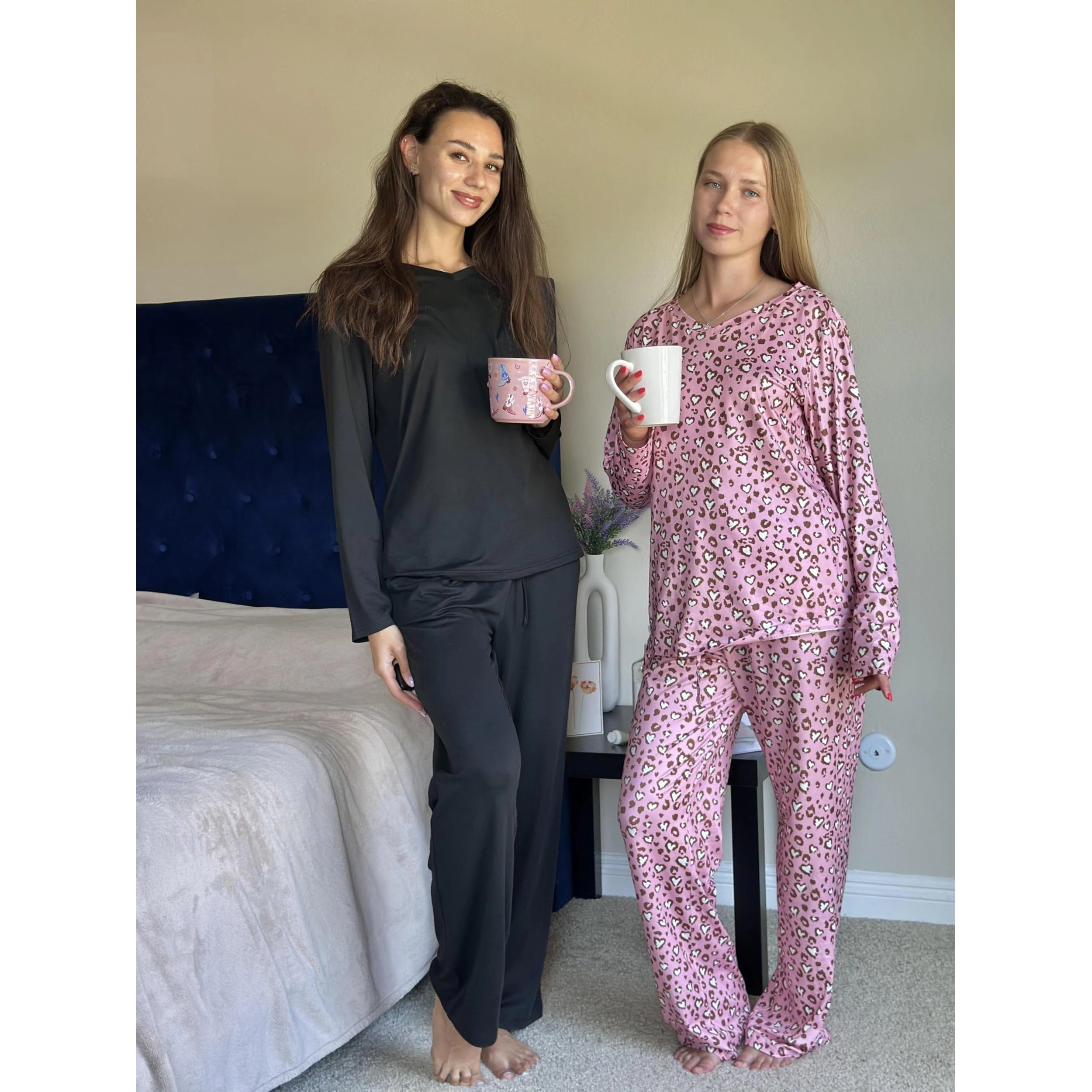 Ekouaer Women's V Neck Long Sleeve 2 Piece Pajama Lounge Set
