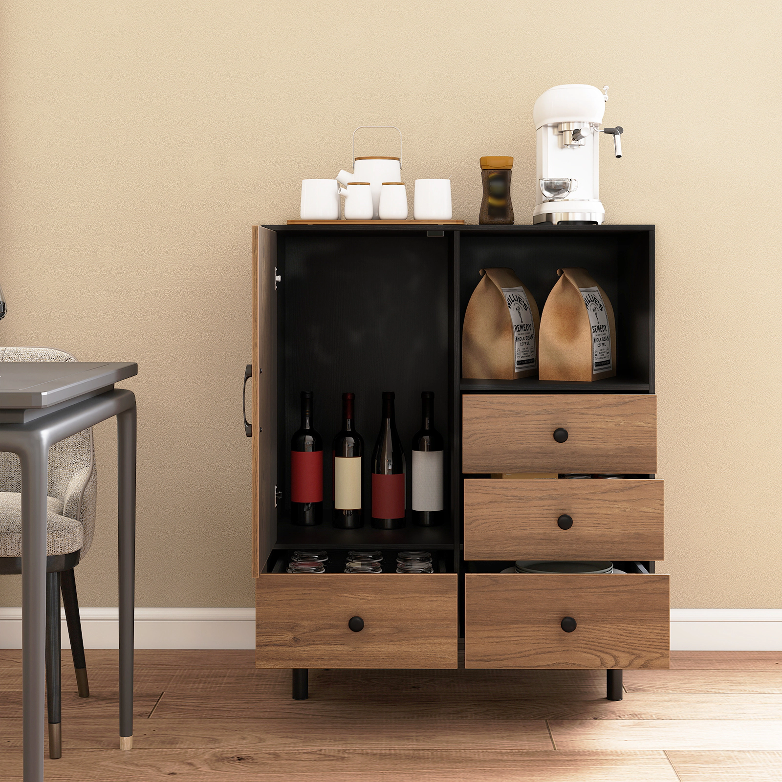 SUGIFT 31.5-in 265-lb Capacity Black Mid-Century Modern Buffet Sideboard with 4 Drawers and Open Compartment