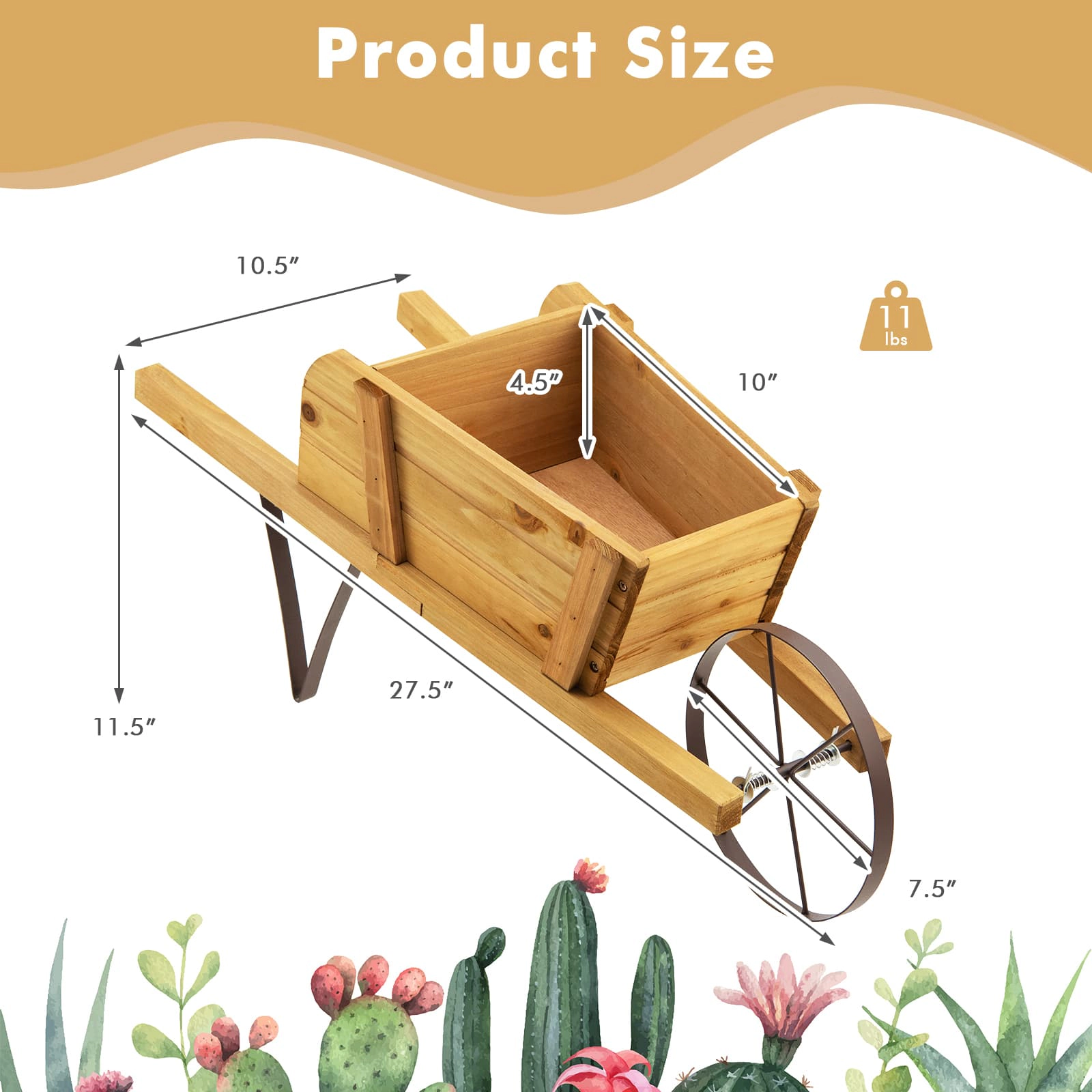 SUGIFT Wooden Wagon Planter Wheelbarrow with 9 Magnetic Accessories 11-lb Capacity Walnut/Red/Blue