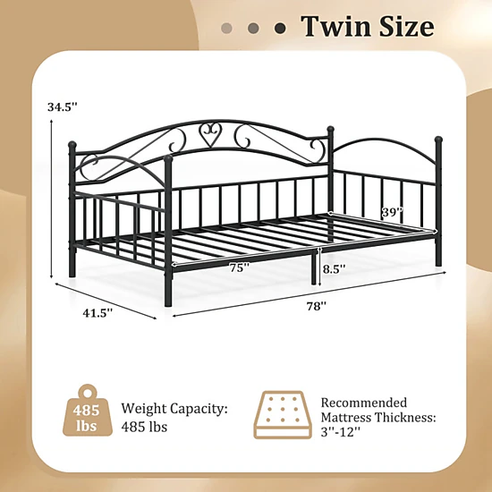 SUGIFT Black Twin Metal Daybed Frame with Scrollwork Headboard, 485 lb ...