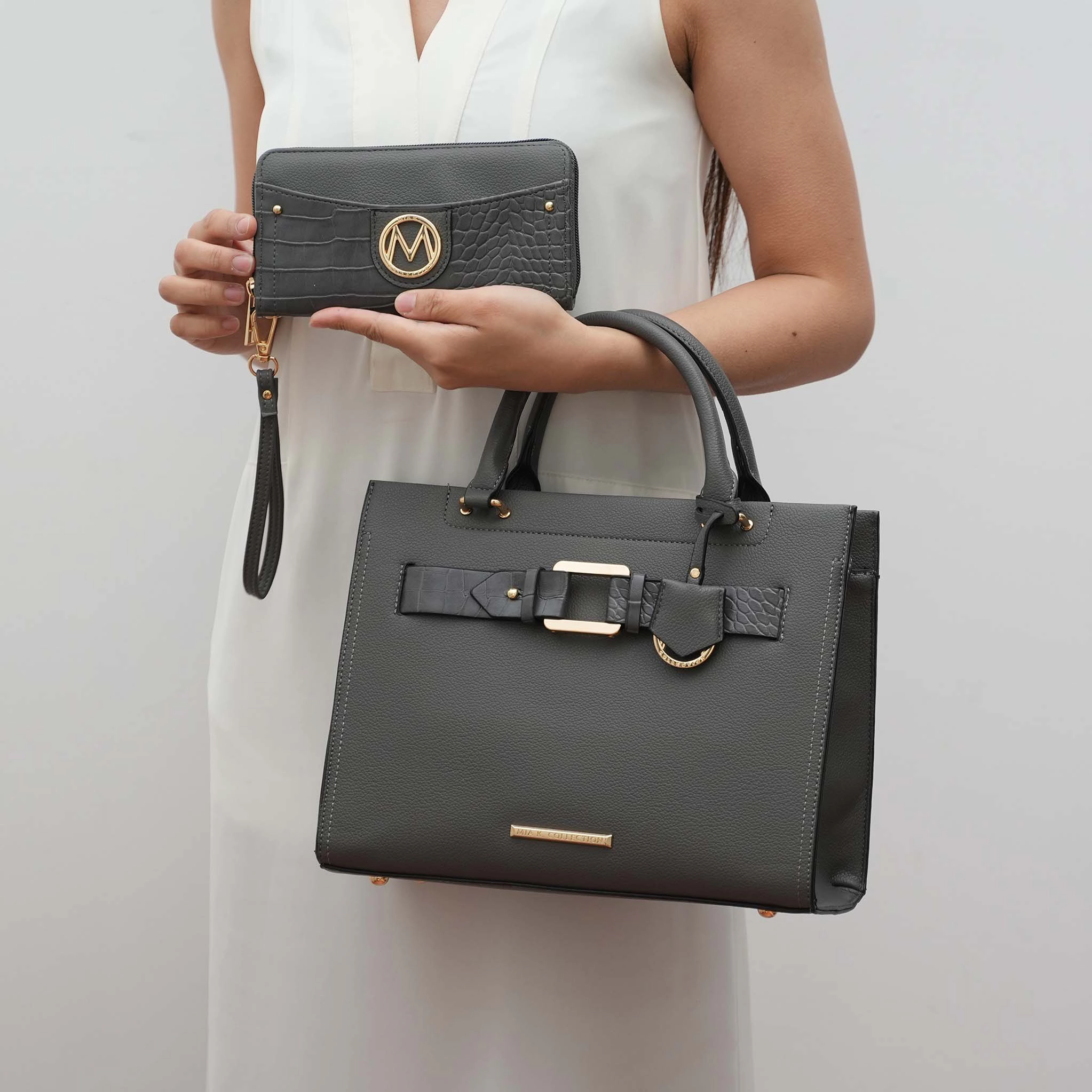 Mia K Collection Virginia Tote - Pebbled Vegan Leather with Croc-Embossed Accents and Matching Wallet