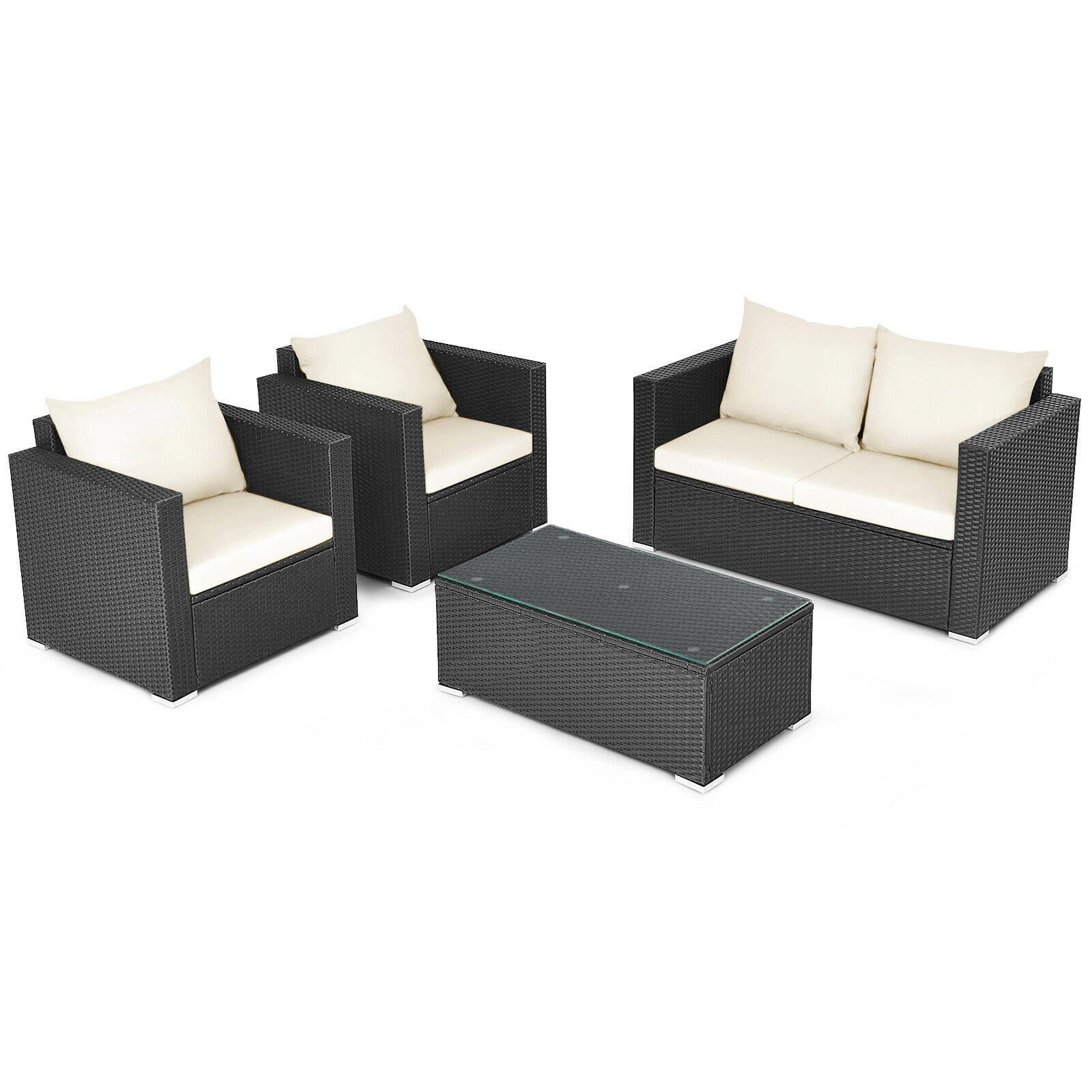 SUGIFT 4-Piece White Rattan Patio Conversation Set with Loveseat, 2 Sofas and Glass Table