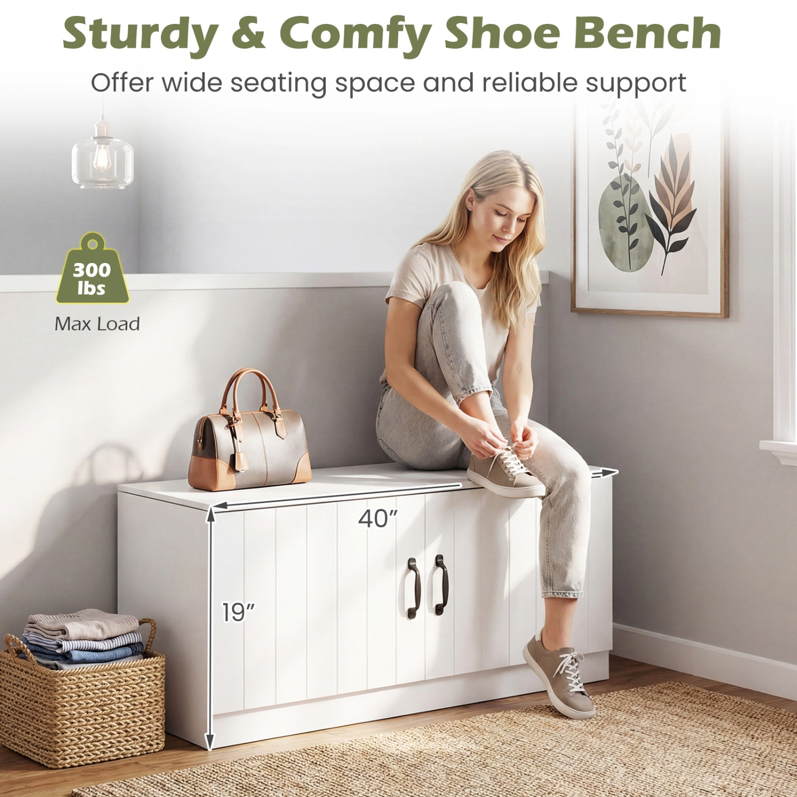 SUGIFT 2-Door Shoe Bench Shoe Storage Cabinet with Adjustable Shelves 300-lb Top Capacity 44-lb Shelf Capacity White