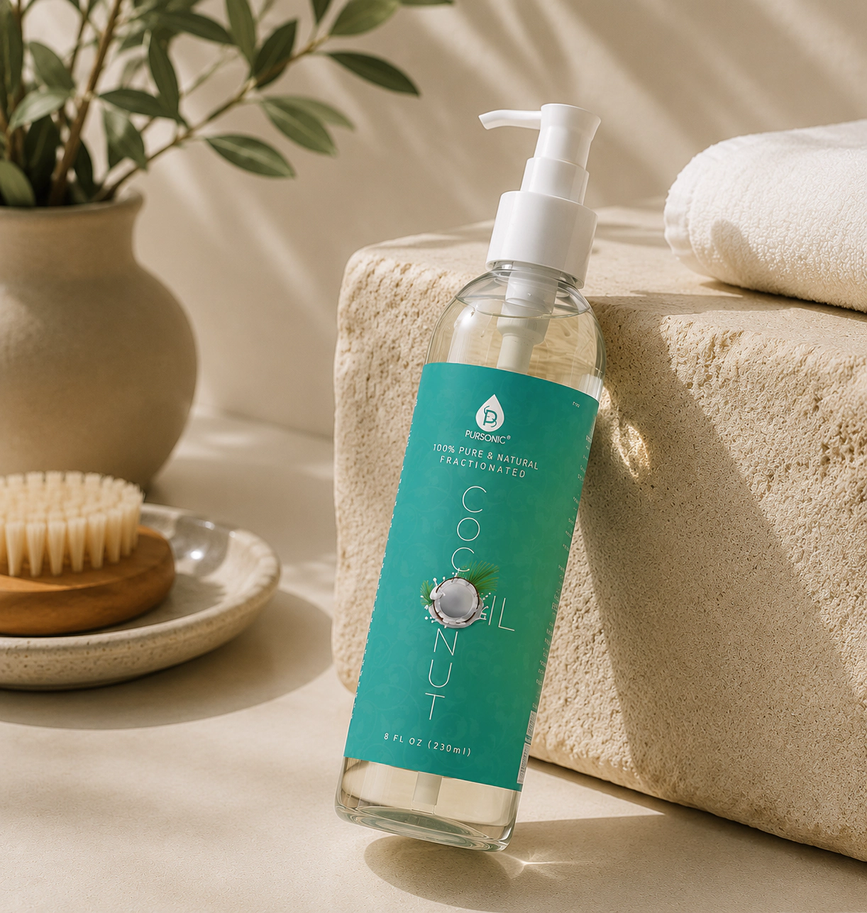Pursonic Unisex Natural Body Care Nourishing Beauty Bundle Fractionated Coconut Oil & Boar Bristle Bath Brush