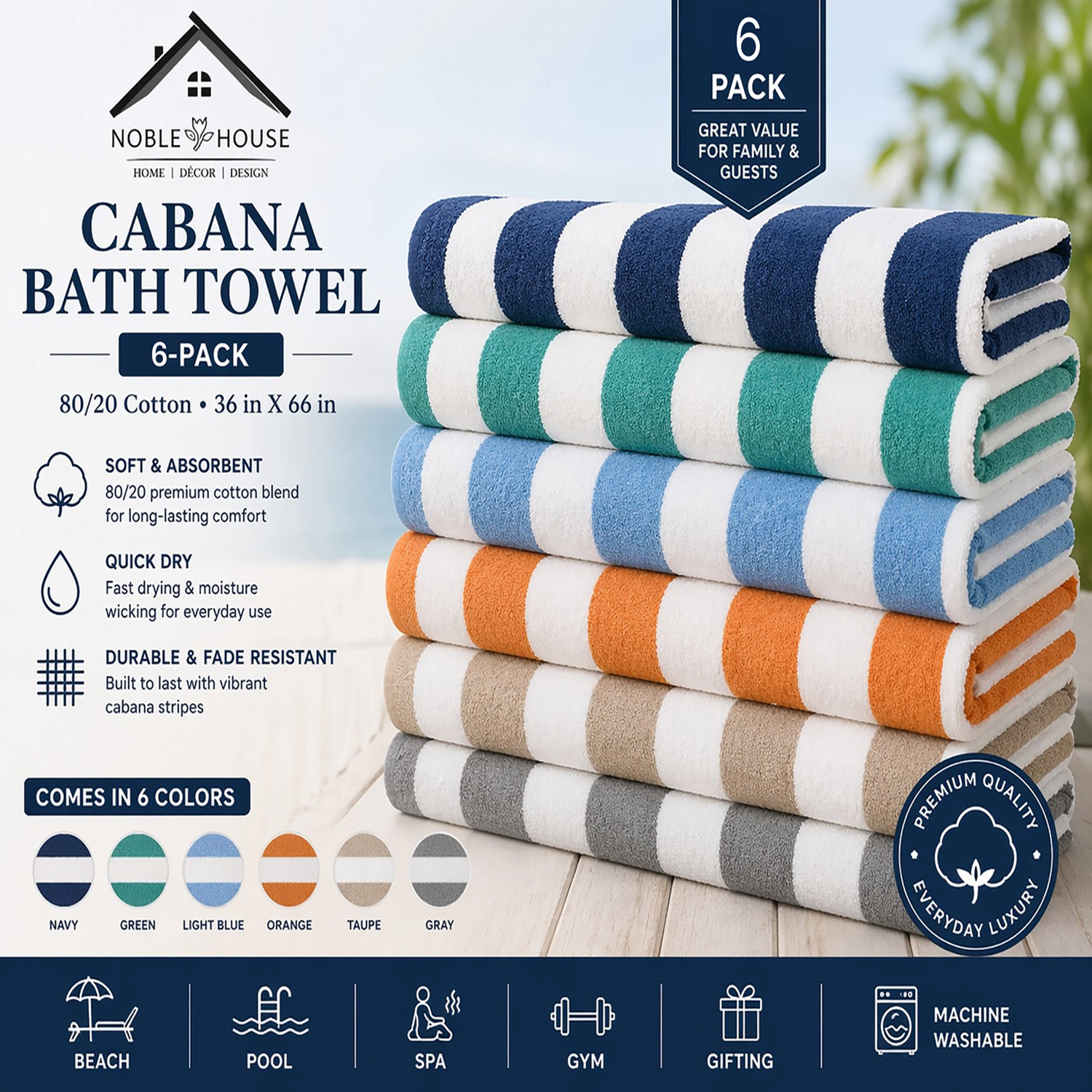 Plazatex Terry Cabana 80% Cotton 20% Polyester Oversized Pack Beach Bath Towel 36" x 66" Navy