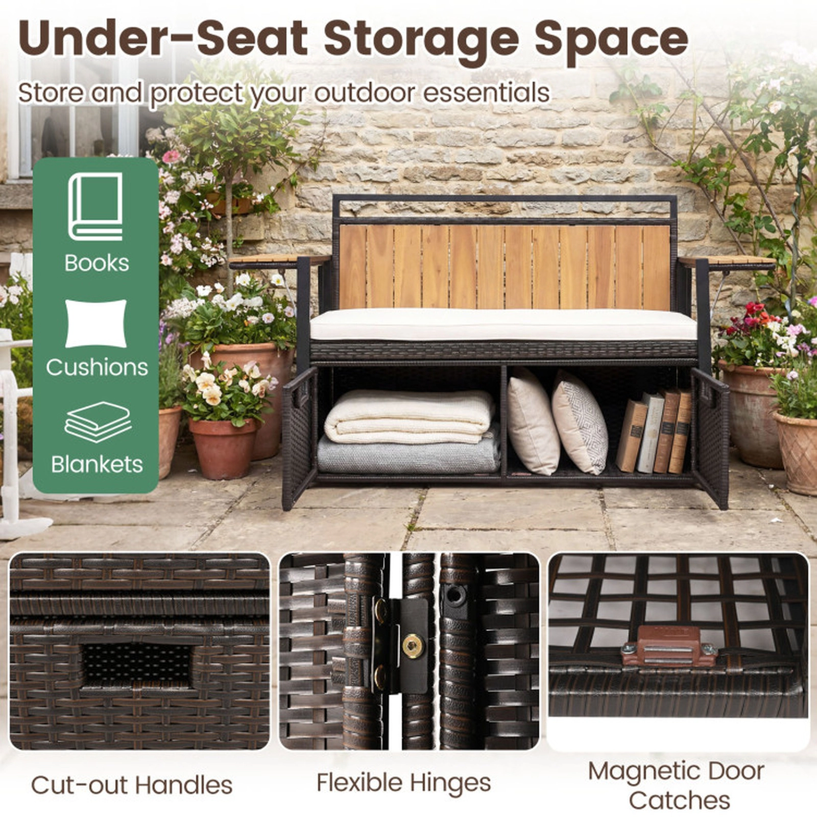 SUGIFT 2-Seater Outdoor Storage Bench, PE Rattan, Folding Side Tables, Cushion, 705-lb Capacity