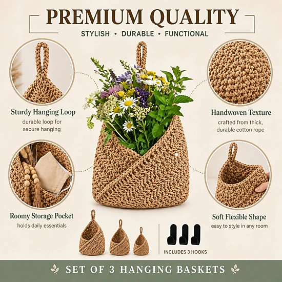 Alilang Unisex Woven Cotton Rope Hanging Basket Set Wall Storage Organizer with Hooks