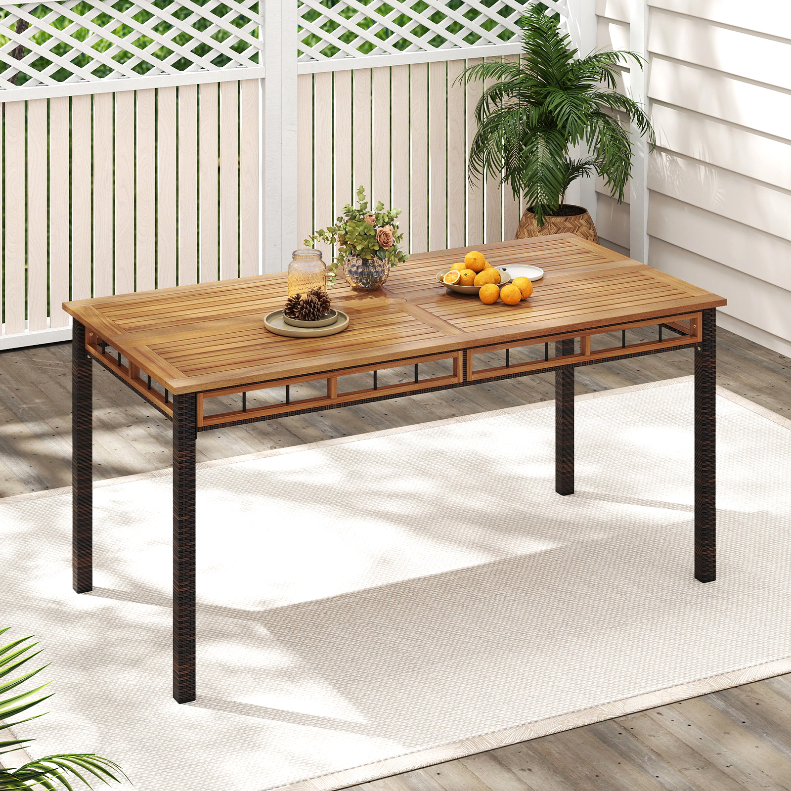 SUGIFT 63-in Outdoor Dining Table with Acacia Wood Slatted Tabletop 165-lb Capacity Natural + Black