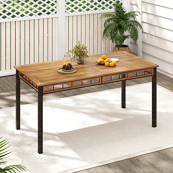 SUGIFT 63-in Outdoor Dining Table with Acacia Wood Slatted Tabletop 165-lb Capacity Natural + Black