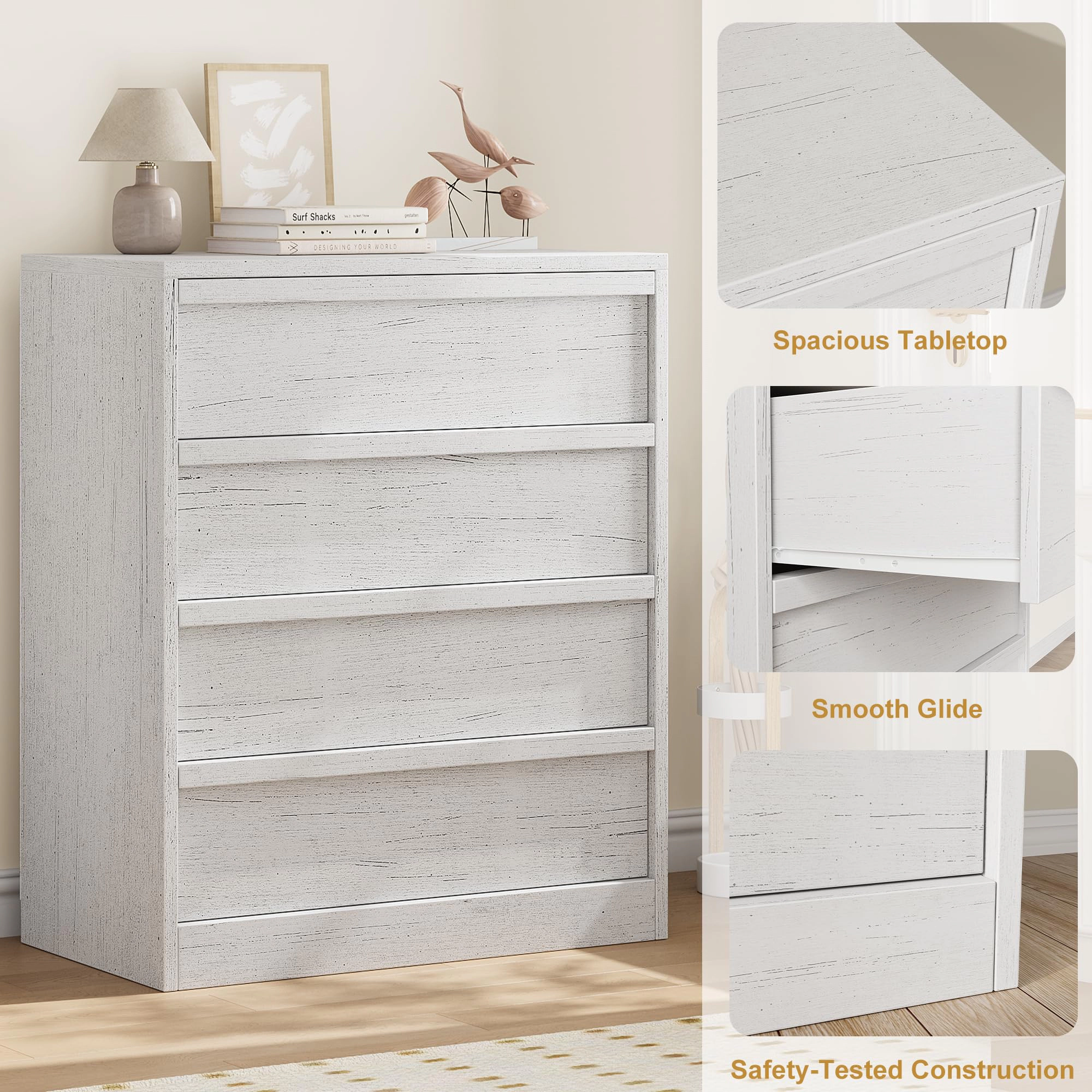 4 Drawer Tall Dresser Nightstand, Modern Small Chest with Storage for Bedroom, Nursery or Entryway