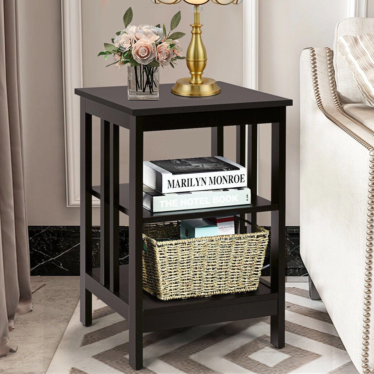 Glintex 3-Tier Side Table with Raised Shelf Baffles and Rounded Corners, Dark Brown