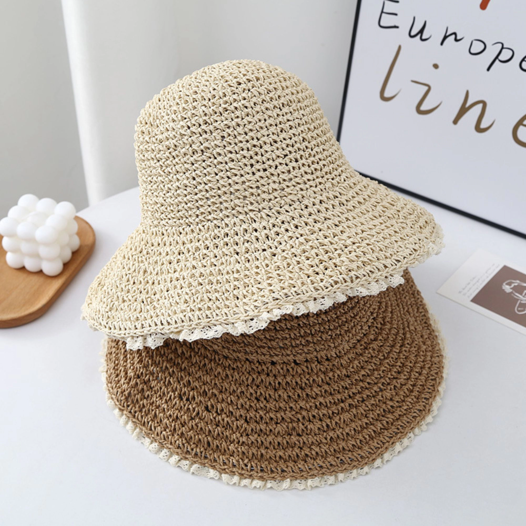Anna-Kaci Women's Women Straw Bucket Hat Wide Brim Lightweight Sun with Lace Trim Detail