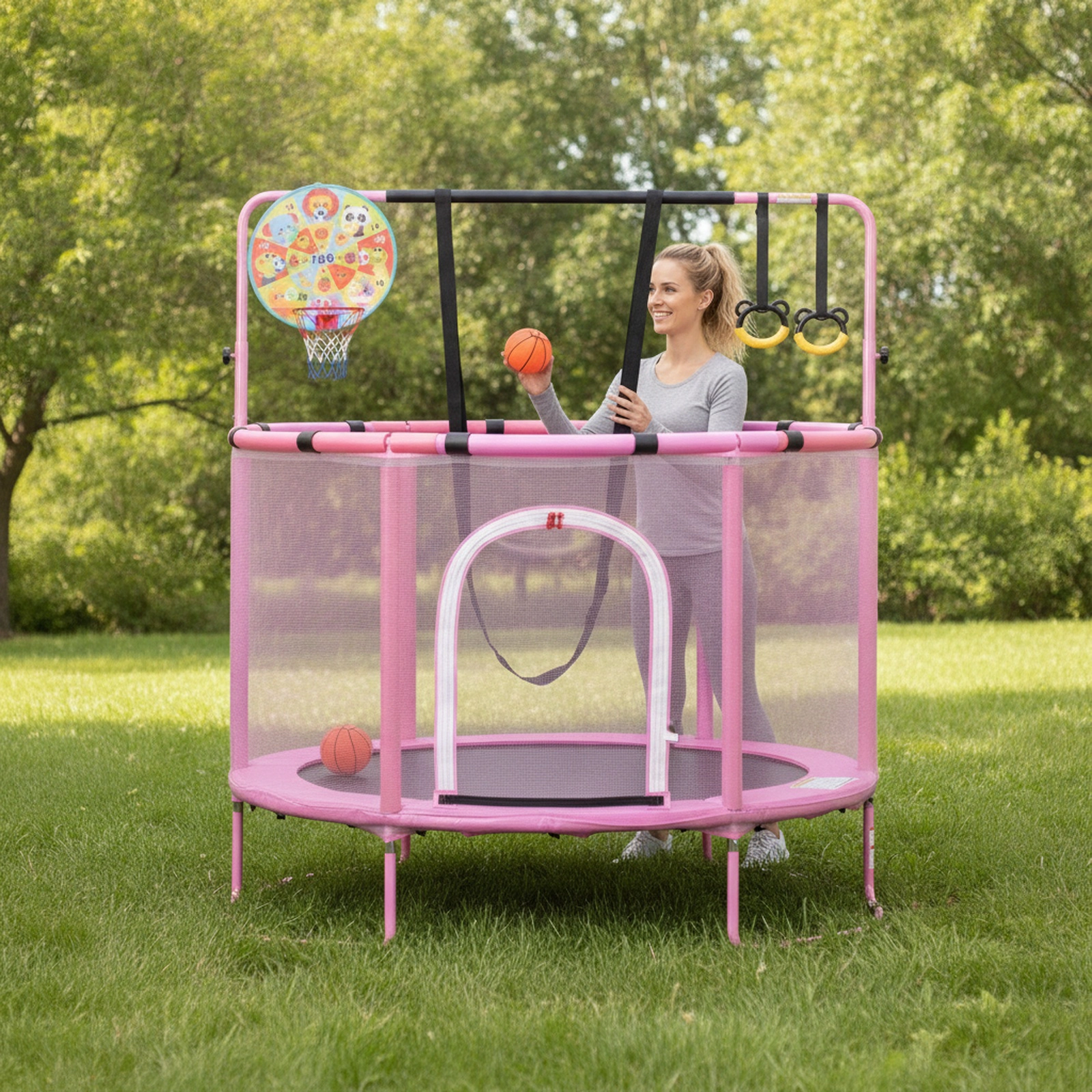 55-in Trampoline Adjustable Gymnastics Bar Kids Basketball Hoop Swing Purple Toddler Trampoline Indoor Outdoor Ages 3+