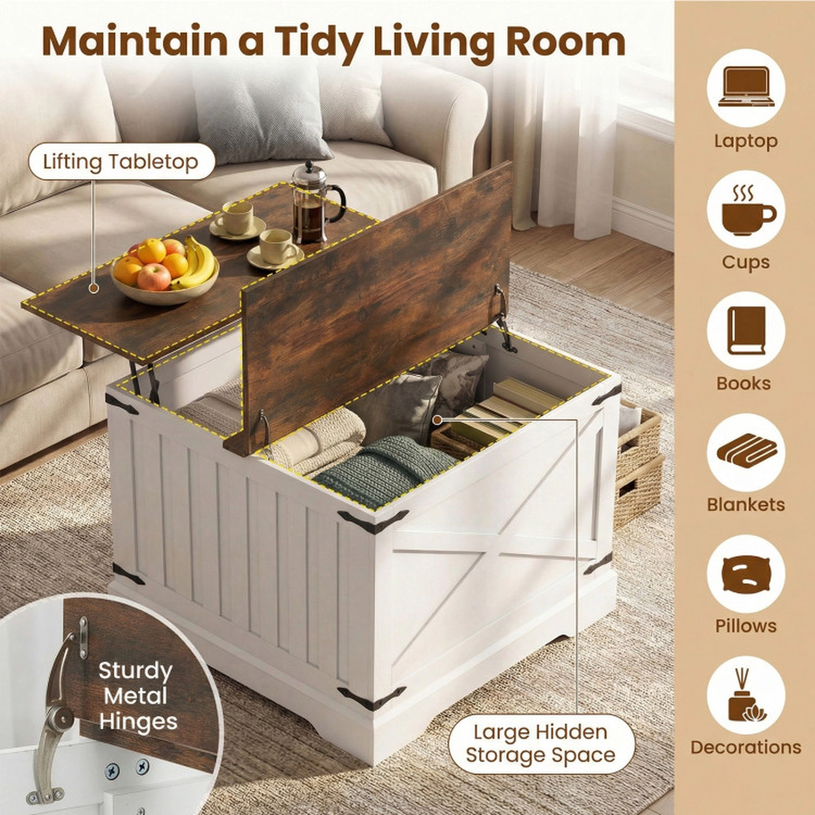 SUGIFT Farmhouse Lift Top Coffee Table with Hidden Storage Compartment Rustic Brown
