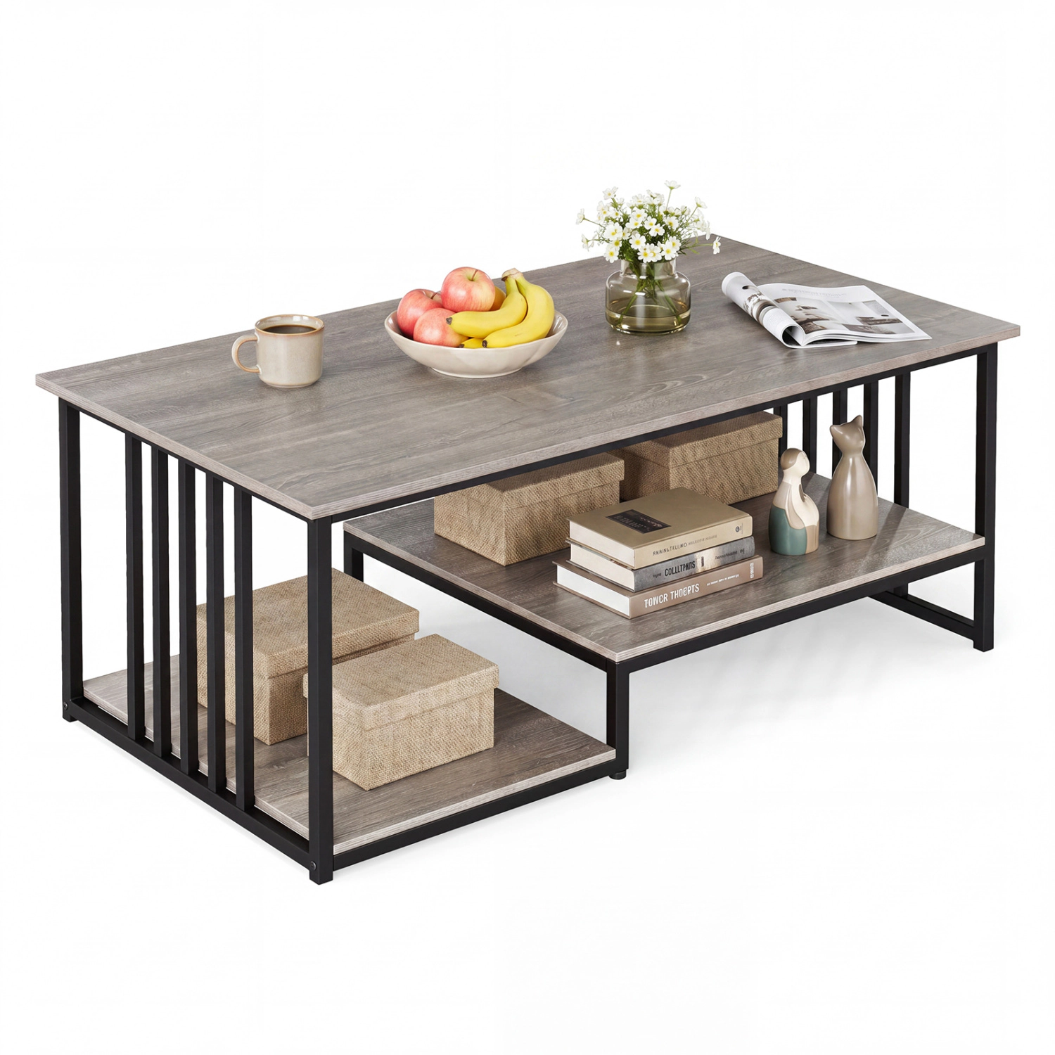 Glintex 2-Tier 43.5-Inch Coffee Table with Open Shelf and Metal Frame
