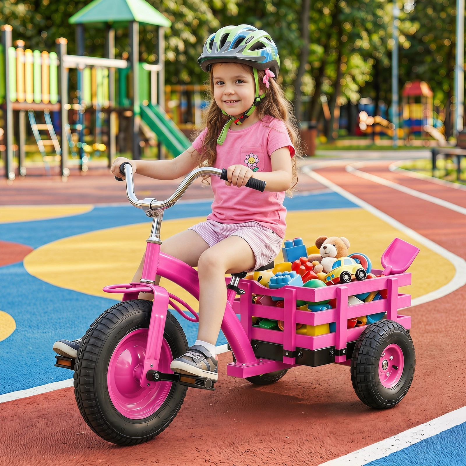 Kids Tricycle 18-in Storage Basket PU Leather Padded Saddle Adjustable 17-in to 21-in Seat Ages 3+ Pink