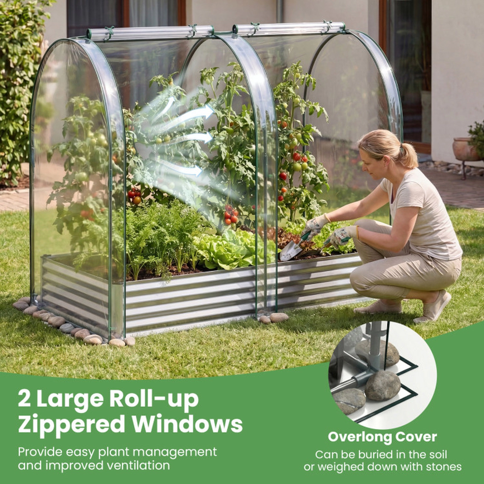 SUGIFT 6-ft x 3-ft 130-gal Galvanized Raised Garden Bed with PVC Greenhouse Cover and 2 Roll-Up Windows