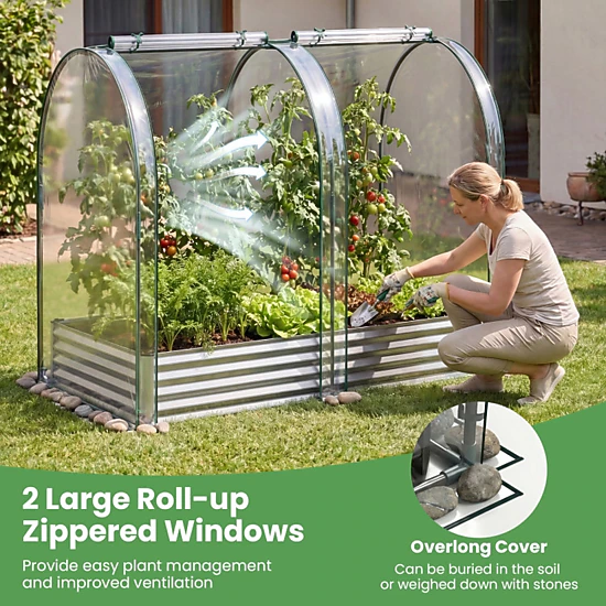 SUGIFT 6-ft x 3-ft 130-gal Galvanized Raised Garden Bed with PVC Greenhouse Cover and 2 Roll-Up Windows
