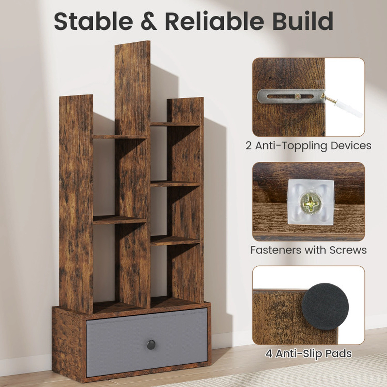 SUGIFT 7-Tier Open-Back Engineered Wood Bookshelf with Drawer 33-lb Shelf Capacity 21-in Wide Rustic Brown and White