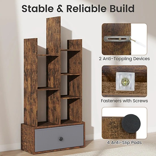 SUGIFT 7-Tier Open-Back Engineered Wood Bookshelf with Drawer 33-lb Shelf Capacity 21-in Wide Rustic Brown and White