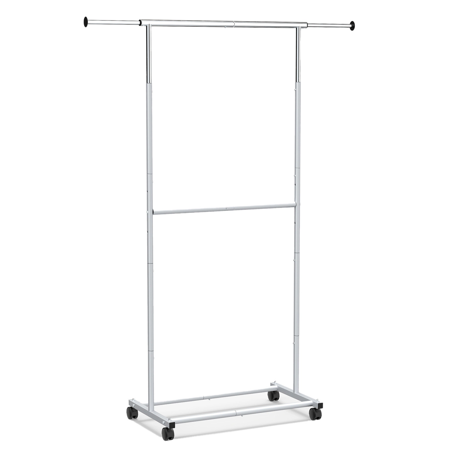 SUGIFT Double-Rod Extendable 3-Level Height Rolling Garment Rack 49.5-in x 17-in x 68-in 45-lb Capacity Silver