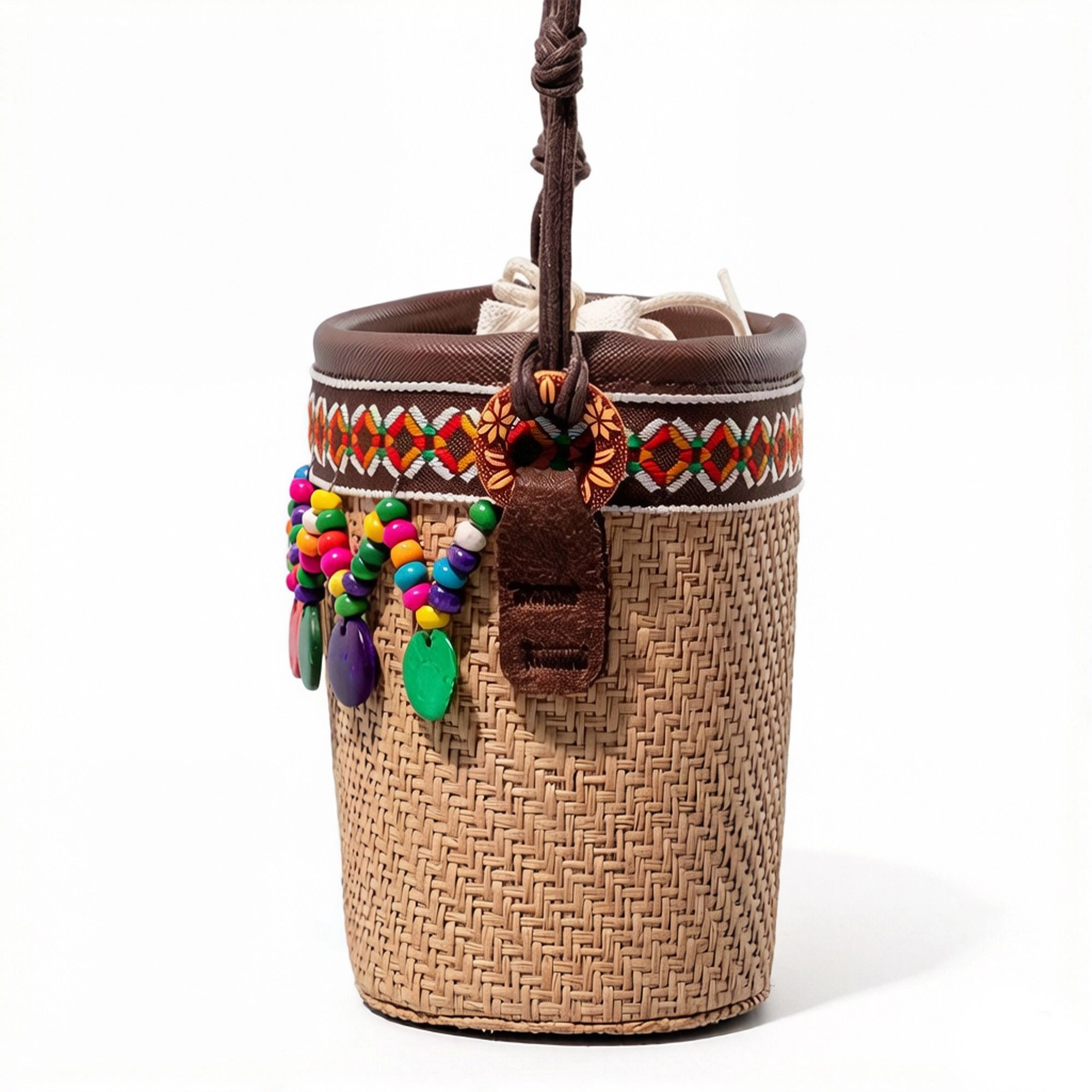 Alilang Women's Woven Straw Mini Crossbody Bag with Tassel Detail Drawstring Closure Small Cylinder Handbag