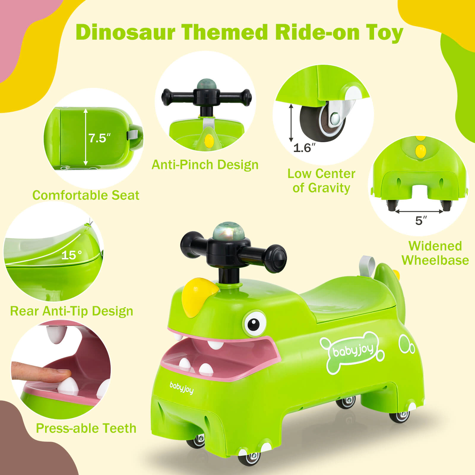Costway Ride on Toy Baby Dinosaur Sliding Car with 4 Universal Casters Under-Seat Storage Yellow