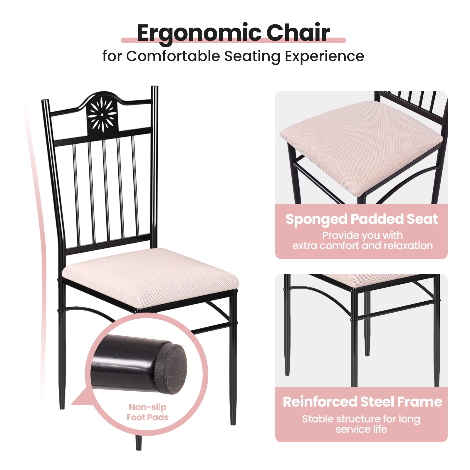 SUGIFT Natural 42 Inch Wood Metal Table and 4 Cushioned Chairs 5-Piece Dining Set