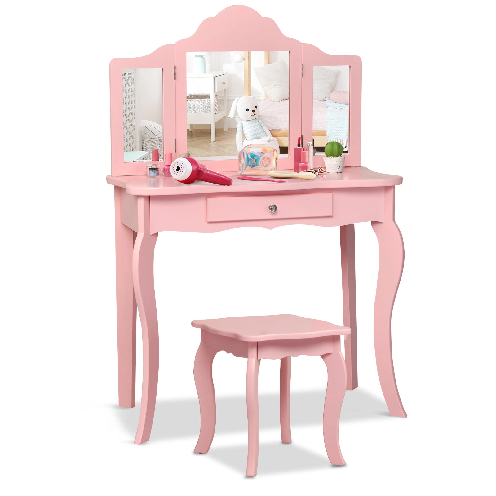 SUGIFT Toddler Vanity Table and Stool Set with Foldable Removable Mirror and Drawer