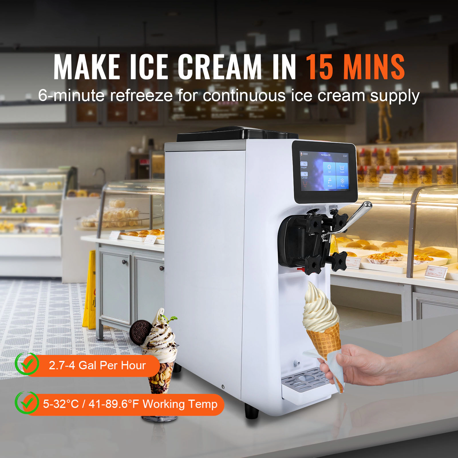 HONGGE Commercial Ice Cream Machine, Countertop Soft Serve Ice Cream Maker, 4L Hopper Cylinder, Auto Clean Pre-cooling