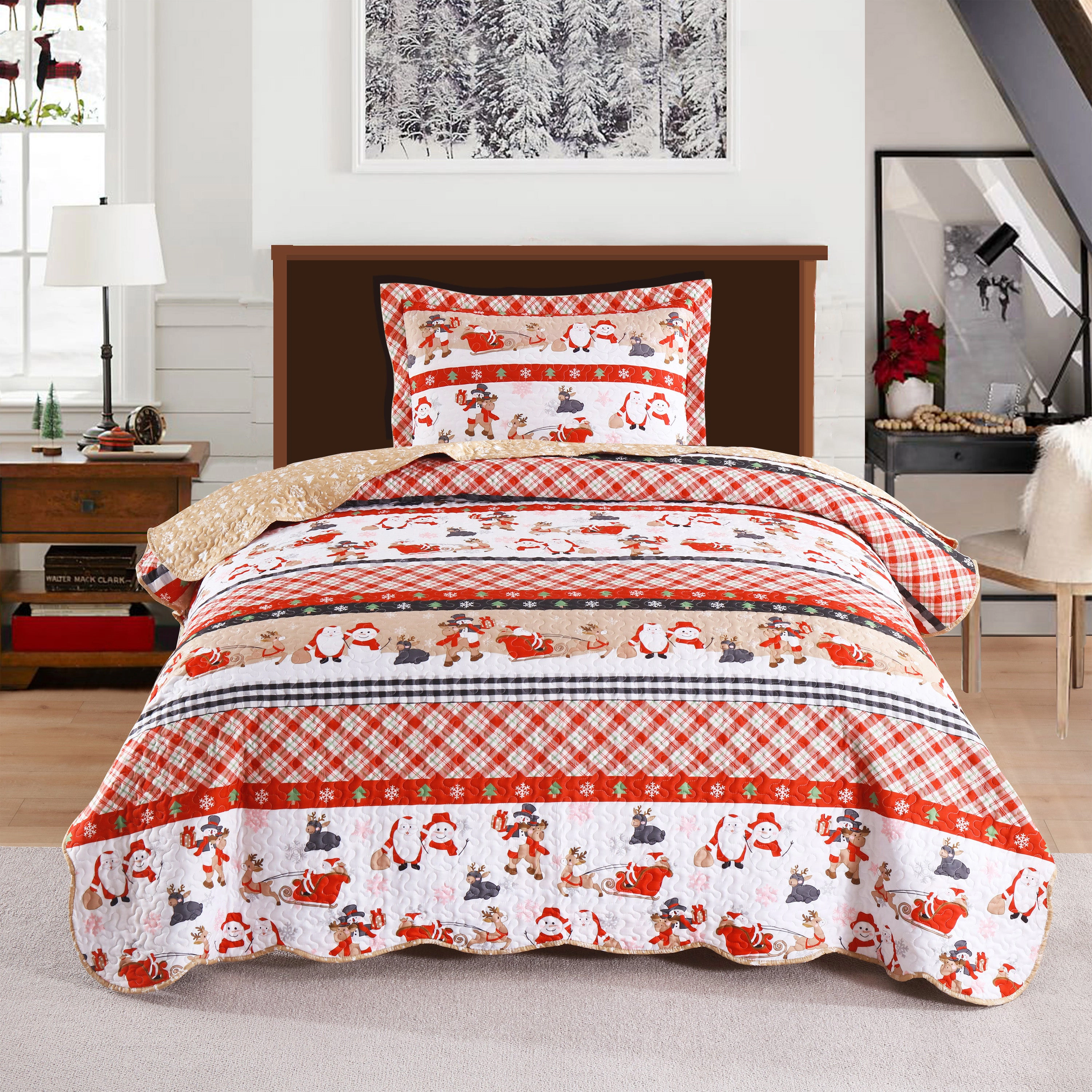 MarCielo 2/3 Piece Christmas Quilt Set Santa Claus Printed Bedspread Set