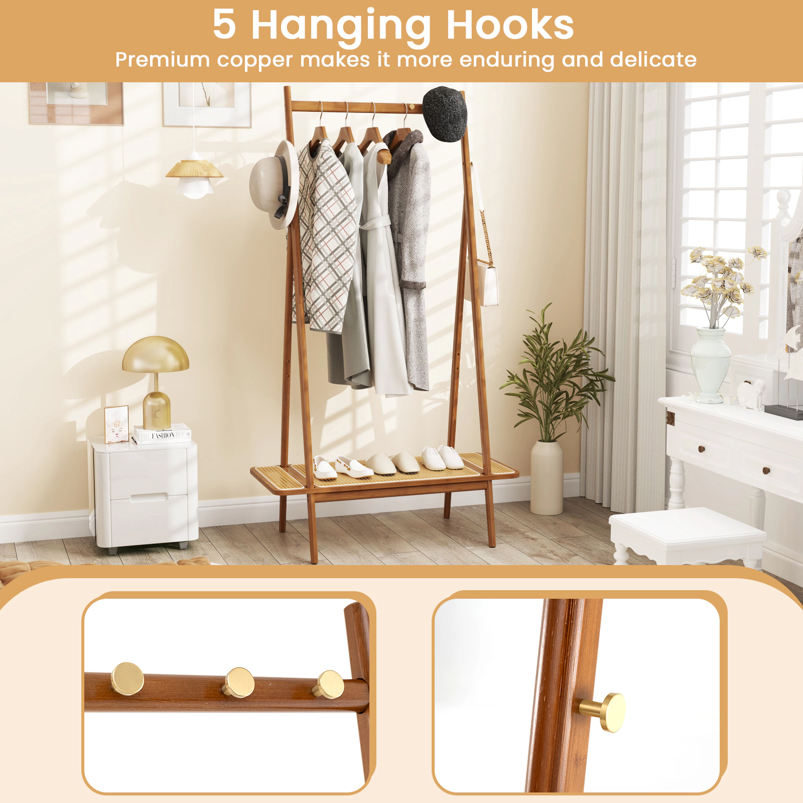 Glintex Bamboo Clothes Rack with Rattan Shelf Copper Hooks and 88-Lb Rod