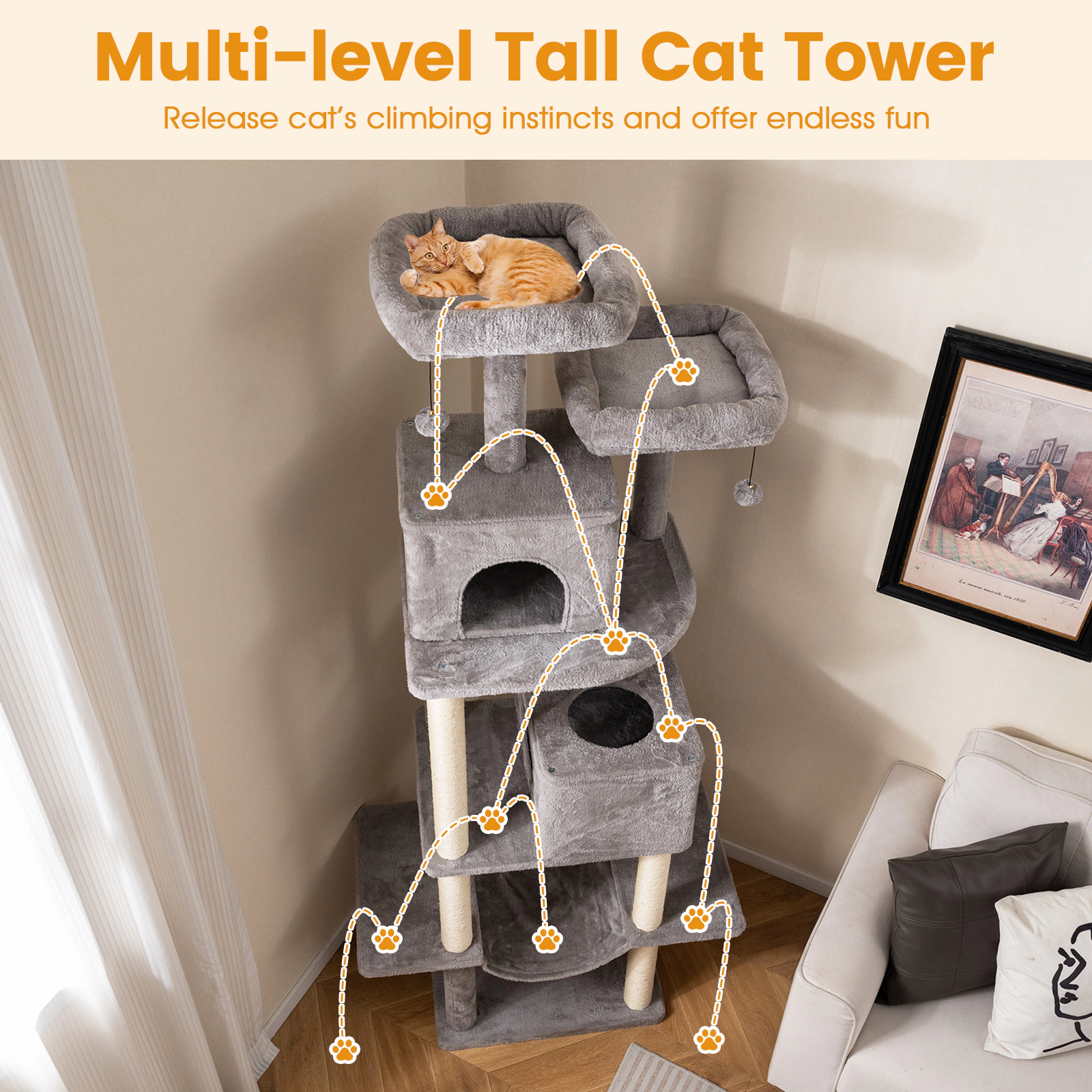 SUGIFT 84-in Large Cat Tree with 2 Condos, Hammock and Soft Plush Perches 22-lb Tier Capacity 36-in Wide Gray