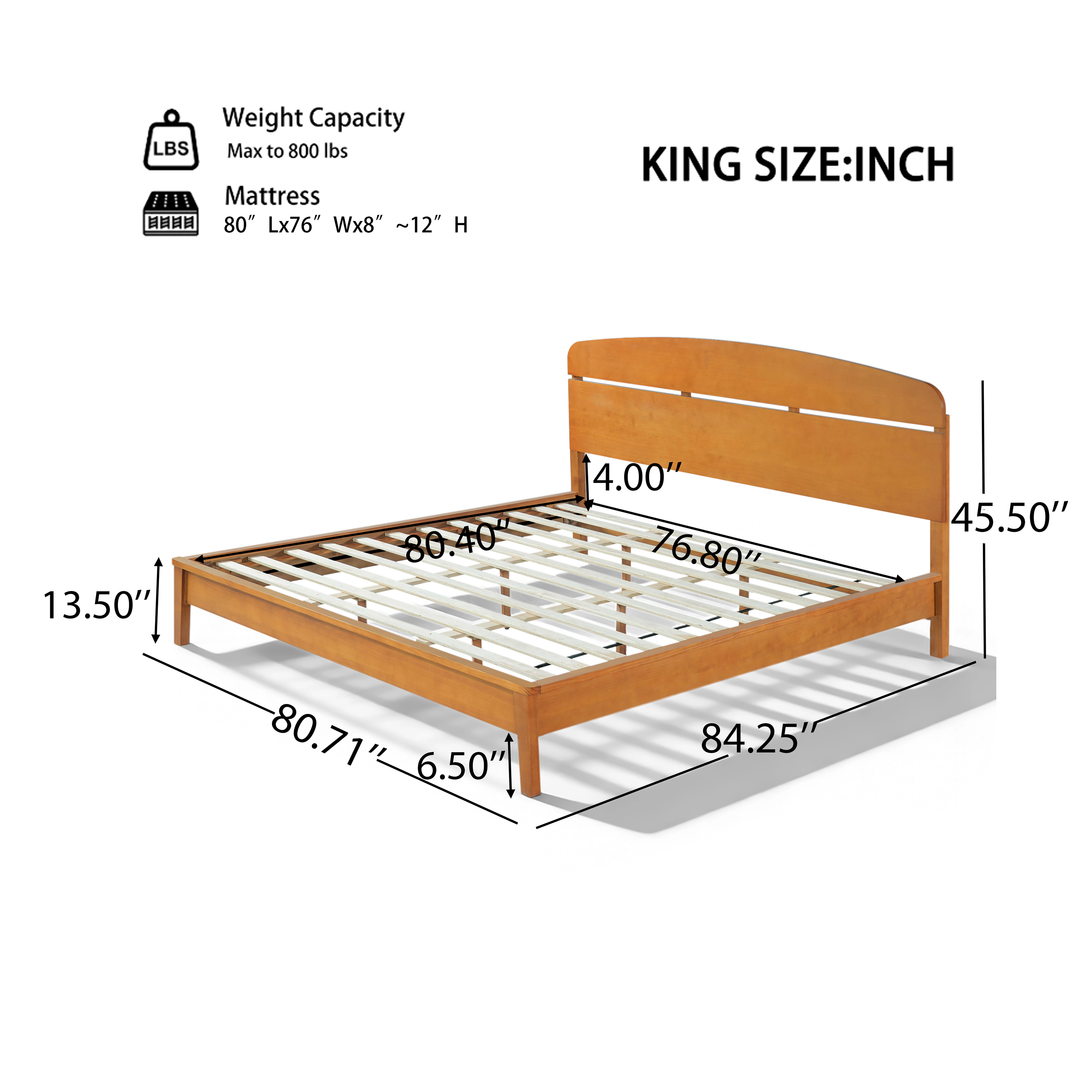 Flynama King Solid Wood Platform Bed with Curved Headboard, Slat Support