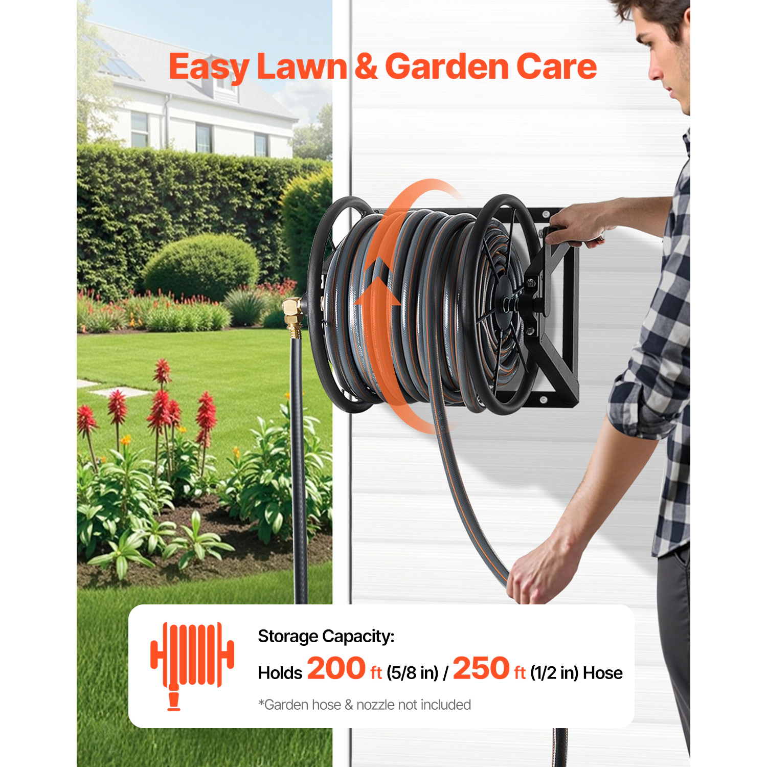 HONGGE Heavy-Duty Wall Mounted Garden Hose Reel Holds 5/8-inch Hose Outdoor Winder