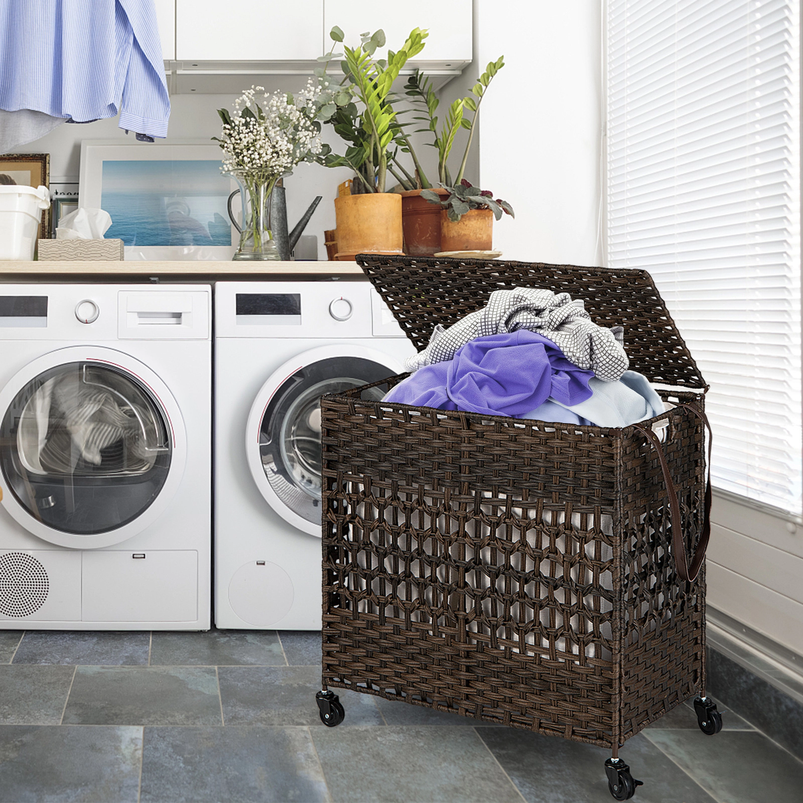 SUGIFT 110L 2-Section Laundry Hamper 2 Removable Washable Liner Bags 66-lb Capacity 25.5-in Tall Brown/Black/Natural